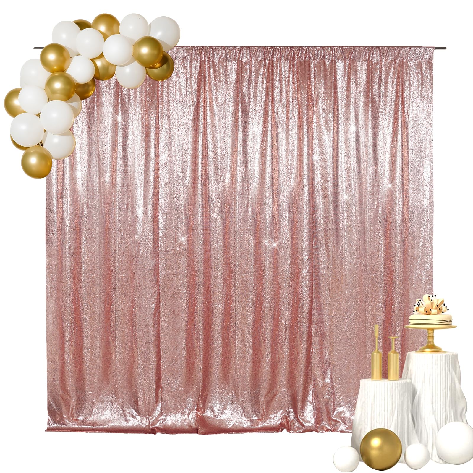 SquarePie 6x6ft Rose Gold Sequin Backdrop for Photography, Satin-Backed Real Sequin Curtain, Enhanced Coverage Shimmering Background with 4" Rod