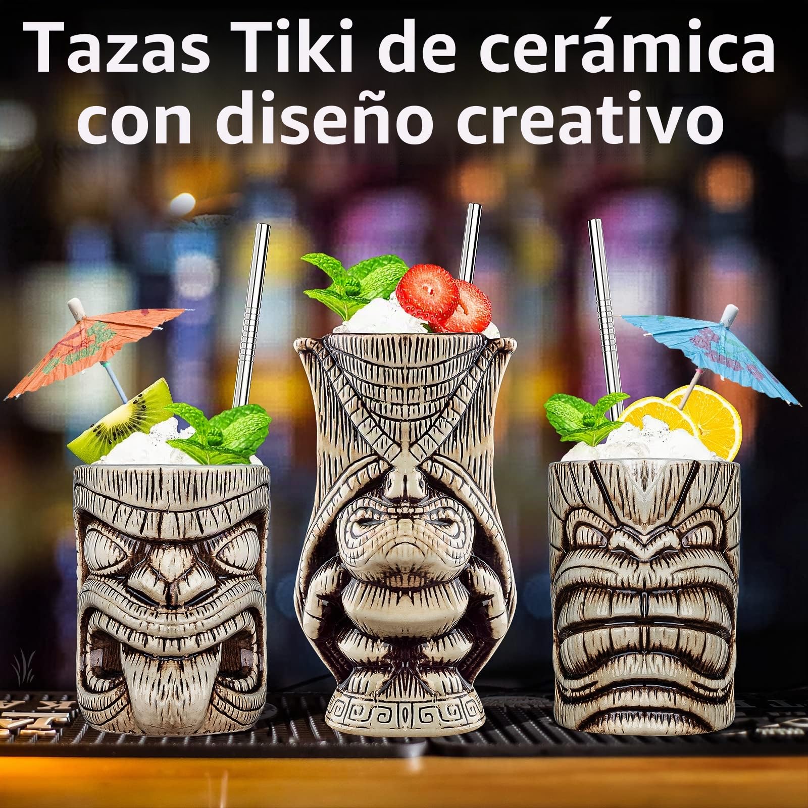 Keramik Vasos Tiki Copas Cocktail Juego de Vasos Tiki Hawái 3 Unidades Aplicable a Cocteleria, Fiesta Hawaiana