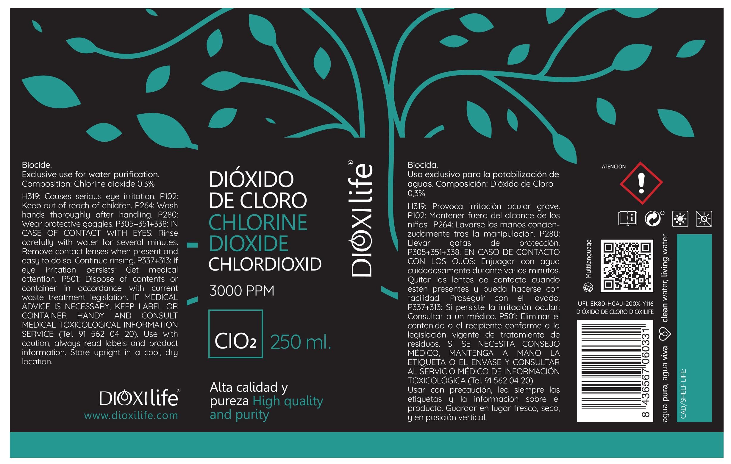 Dióxido de Cloro 250 ml Dioxilife, Botella de Vidrio Negro