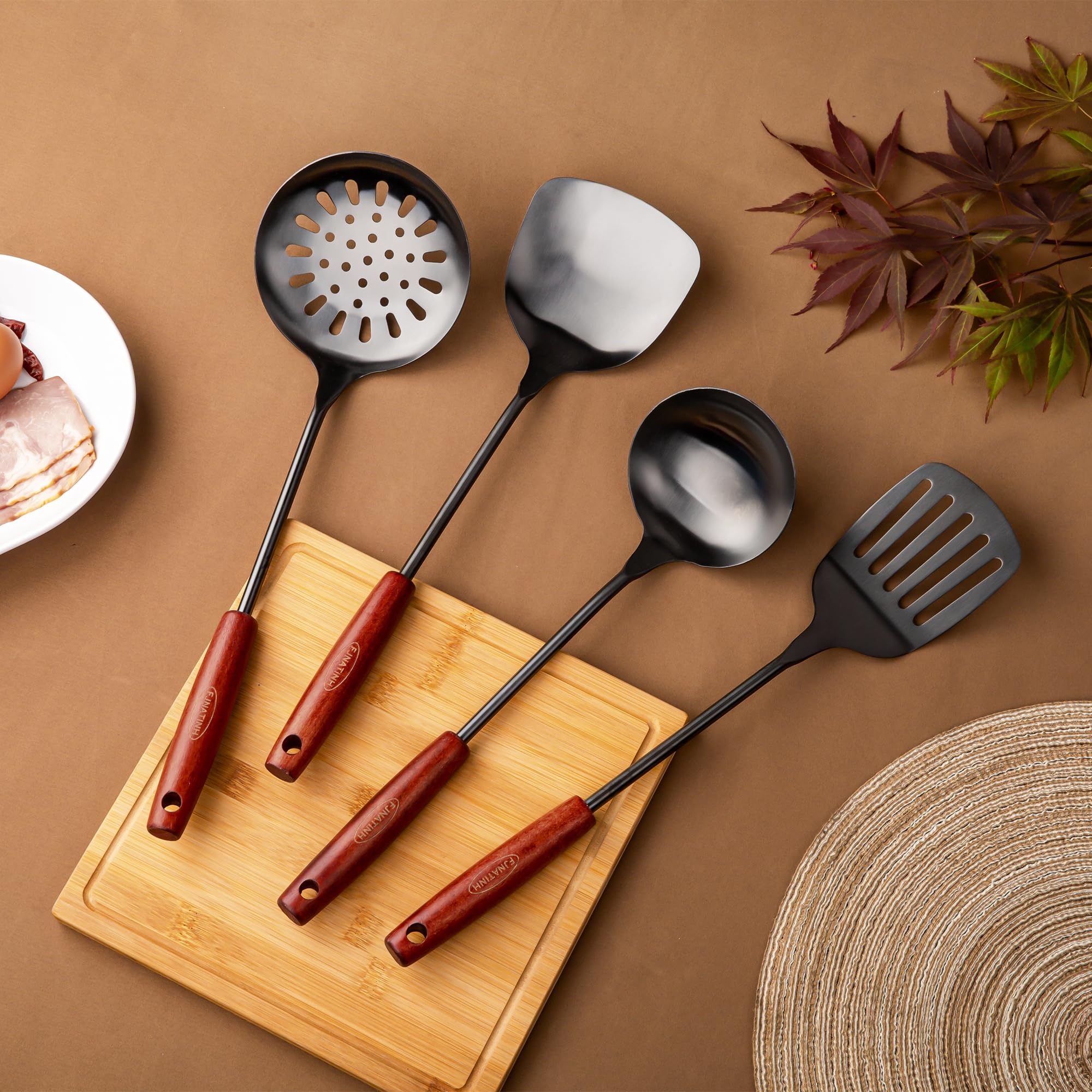 FJNATINH Espátula y cucharón de wok de 17 pulgadas, cuchara de skimmer, juego de espátulas ranuradas de acero inoxidable 304, 4 utensilios de cocina, accesorios wok