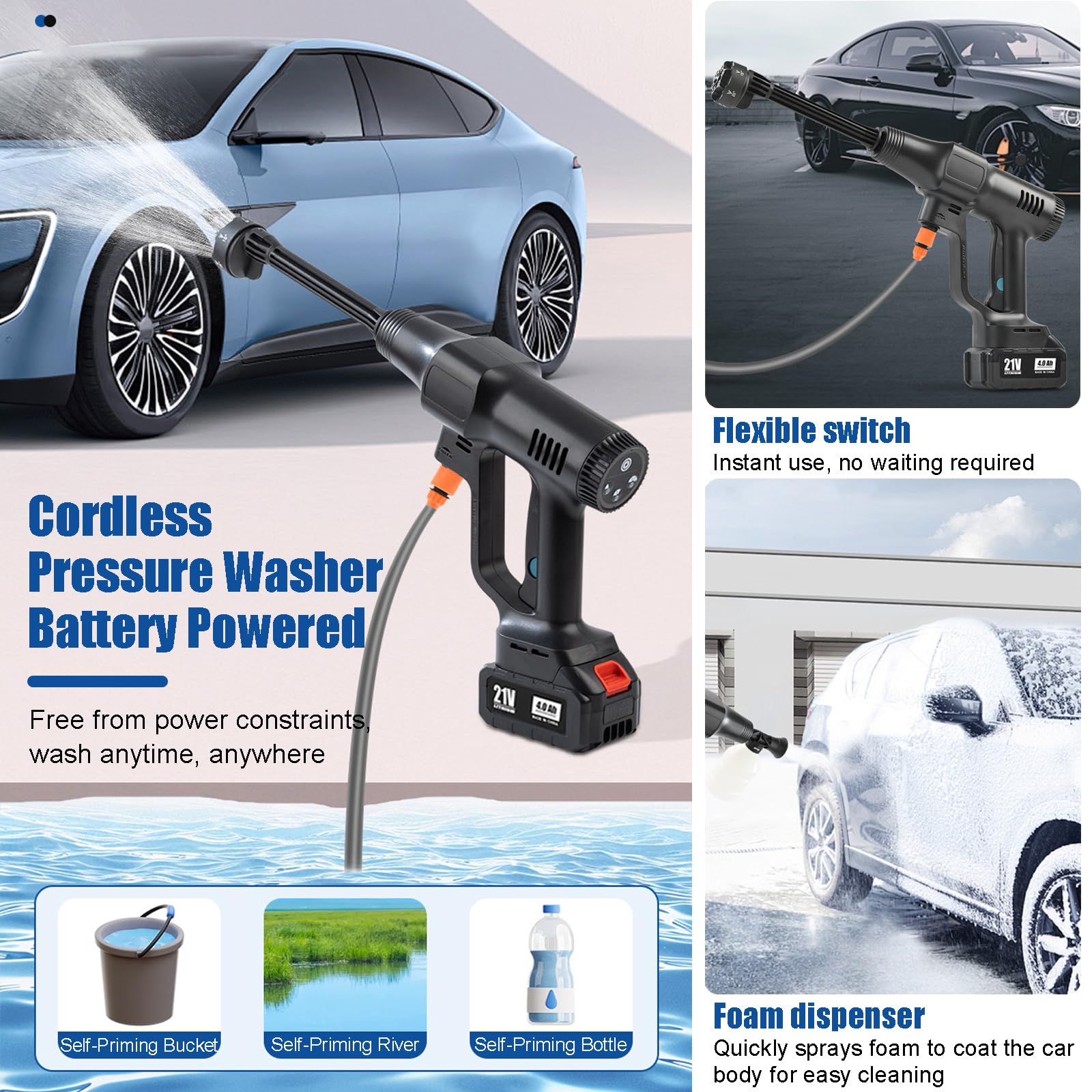 GOURIXIN Hidrolimpiadora a Batería, Pistola de Agua a Presión Hidrolimpiadora Eléctrica Portátil con 2 Baterías, Tubo 5 m, Boquilla 6 en 1 y Filtro, para Coche, Jardín, Terraza, Césped Riego