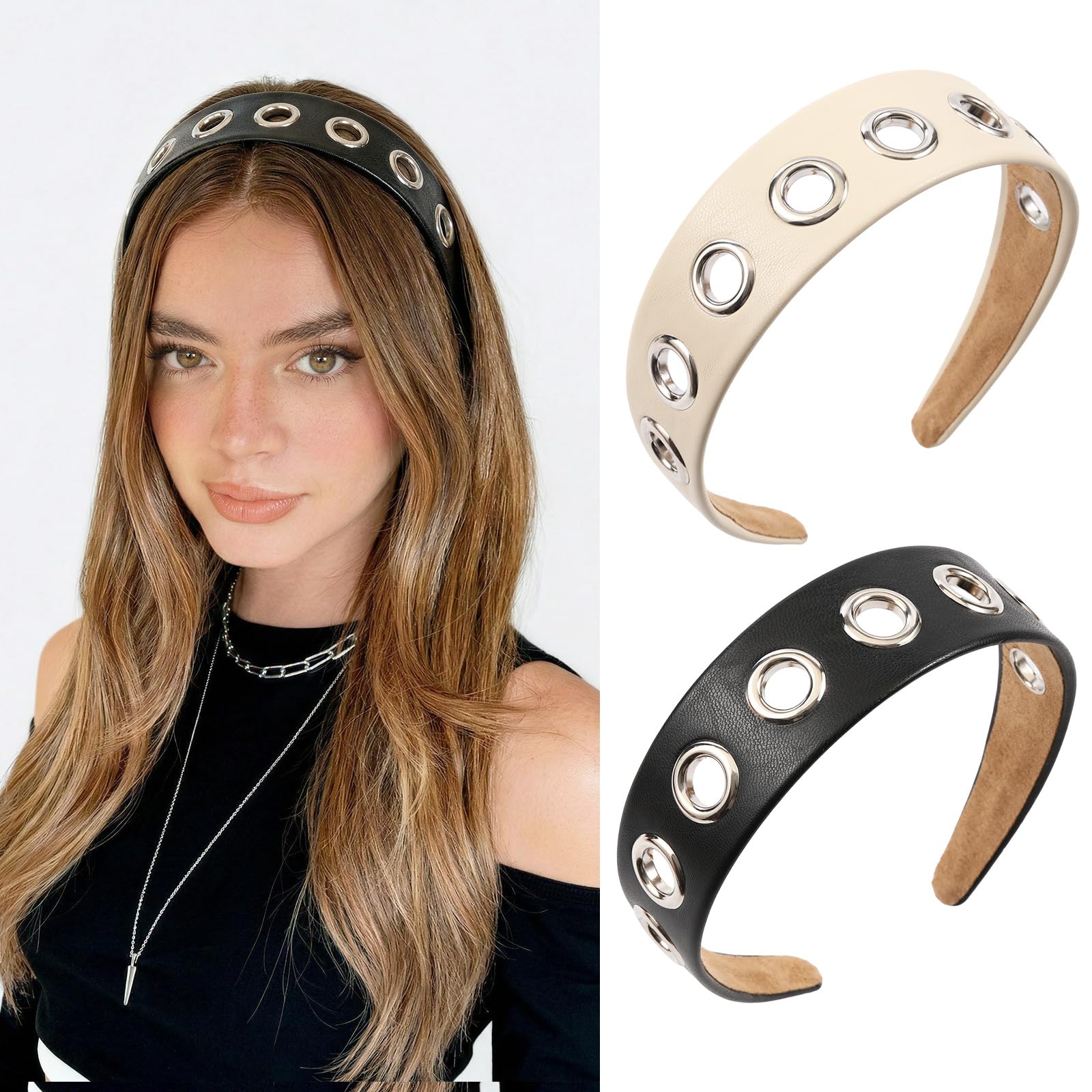Grommet Headbands for Women, Wide Eyelet Headband with Holes(Black & Beige)