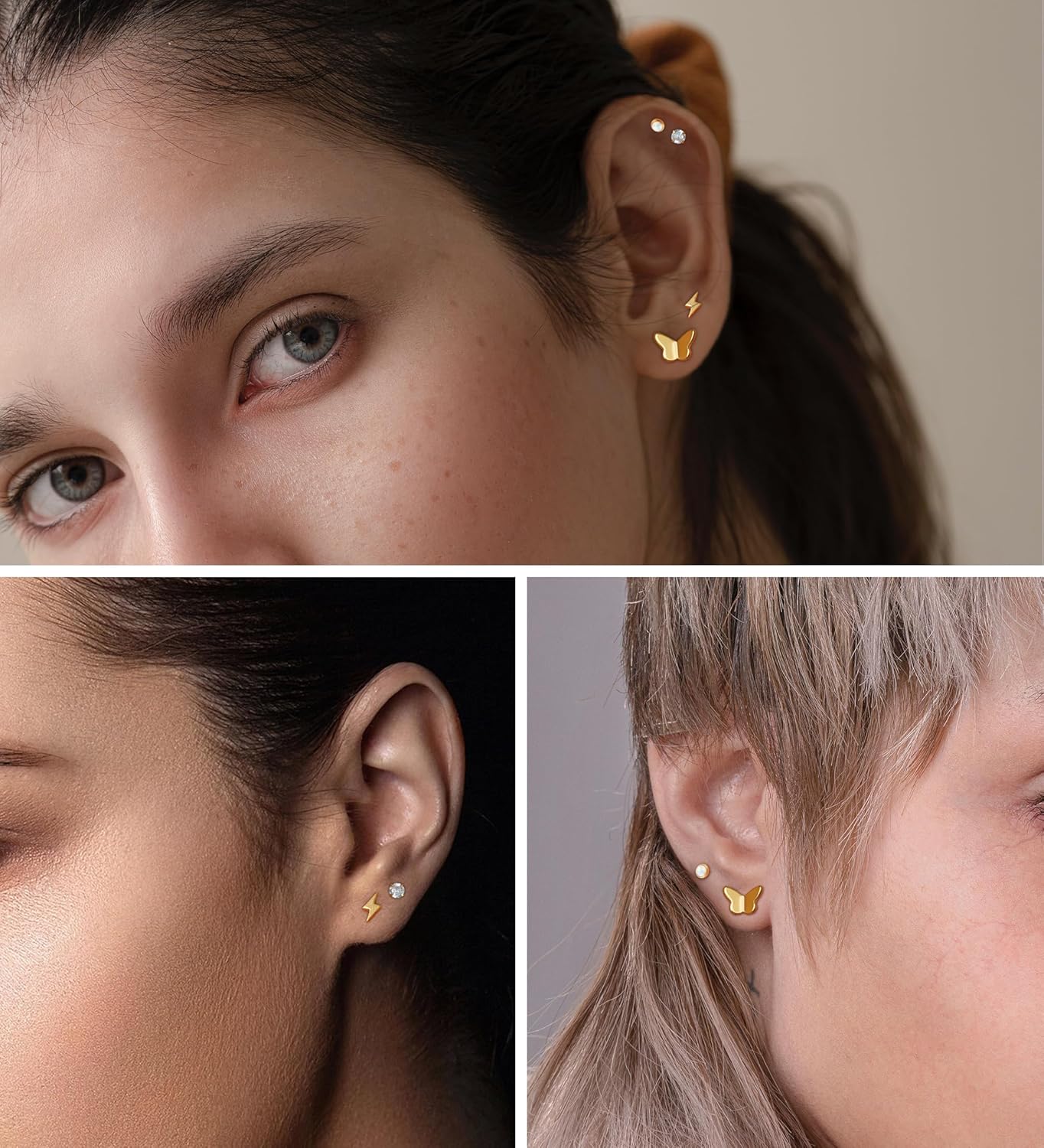 MJust Flat Back Titanium Earrings for Women & Men, 4 Pairs Hypoallergenic Titanium Earrings for Sensitive Ears, Screw Back Cartilage Earrings Set with CZ & Opal - Image 9