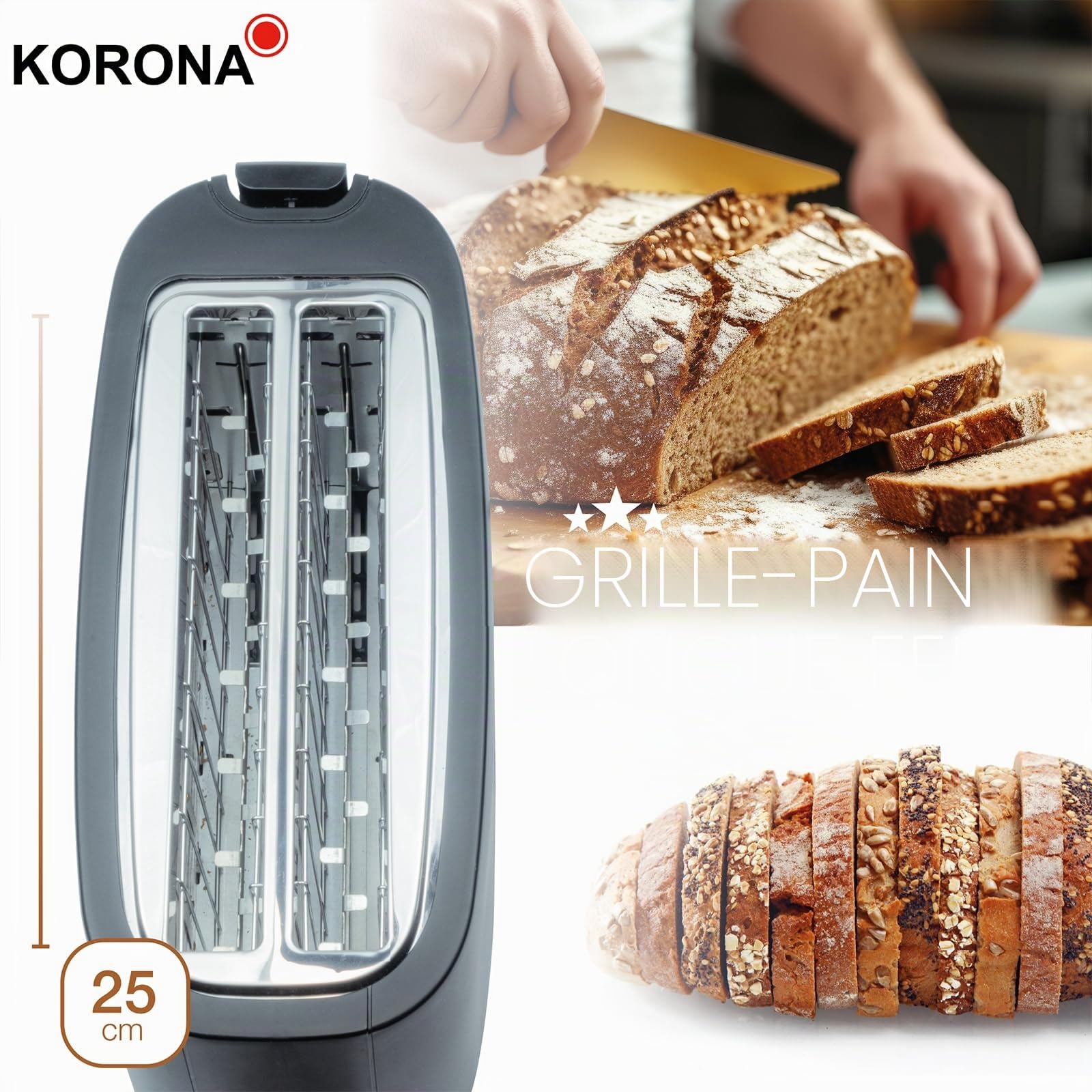 Korona 21060 Grille-pain 4 tranches | Fente | degré de torréfaction réglable | Dégivrage | Torréfaction | Échauffement | 1 400 watts | Accessoire chignon | Tiroir à miettes | Centrage de la tranche de