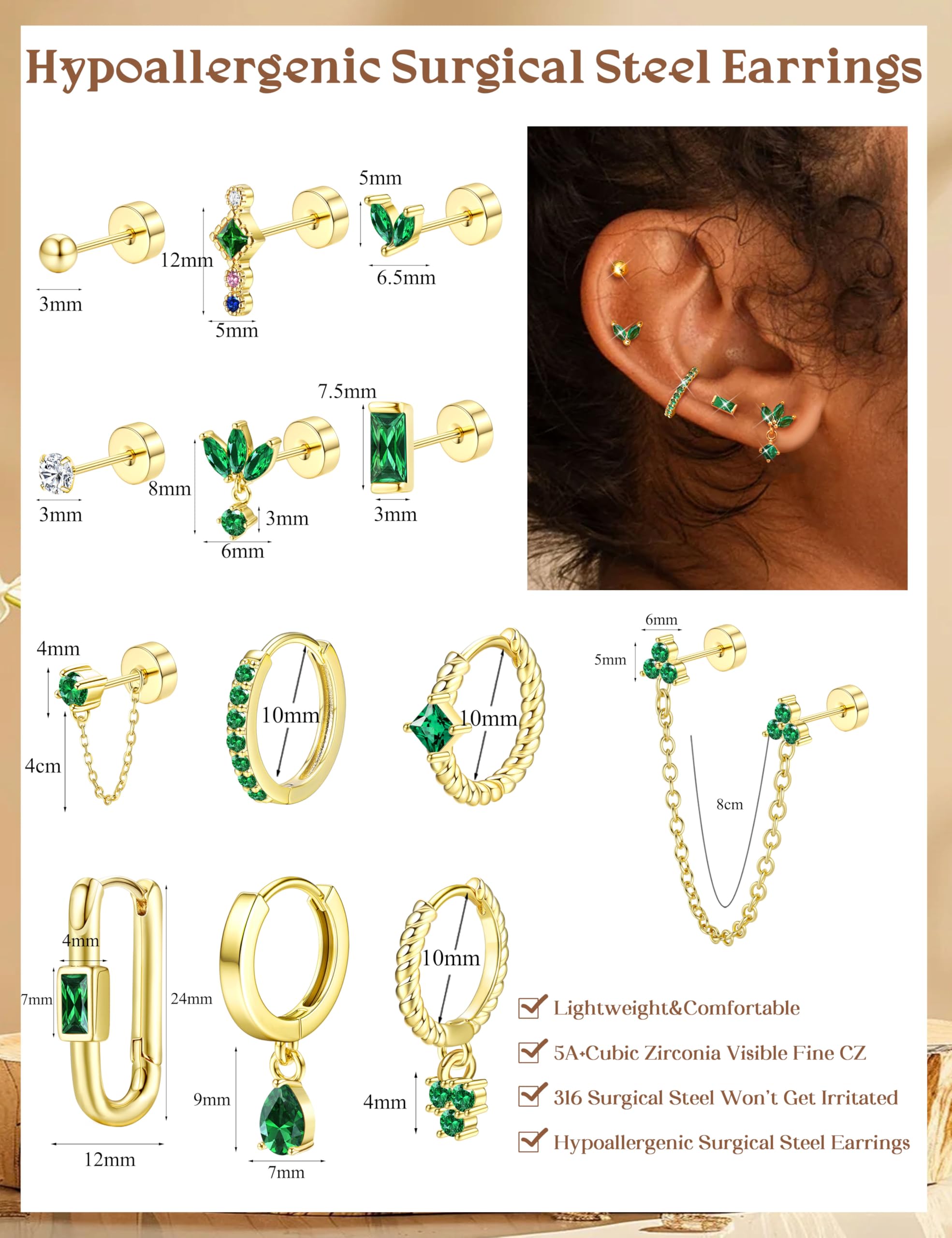 13 szt. Zestaw złotych kolczyków do wielu kolczyków dla kobiet Płaski tył Pozłacane 14K srebrnym chrząstki Helix Mały wkręt Hoop Huggie Zielone kolczyki CZ ze stali nierdzewnej
