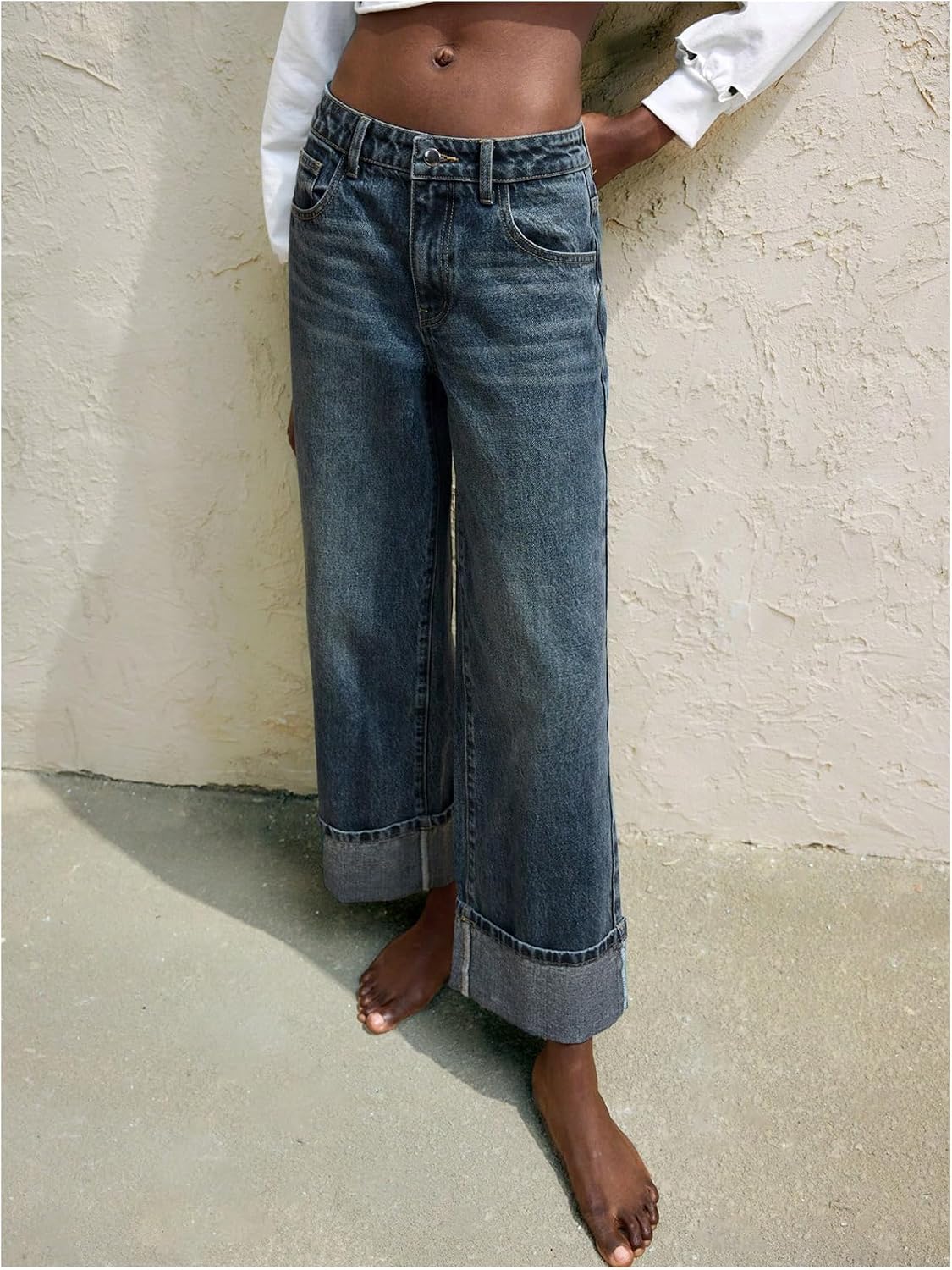 WDIRARA Women's Cuffed Jeans Mid Rise Straight Leg Baggy Denim Pants Streetwear