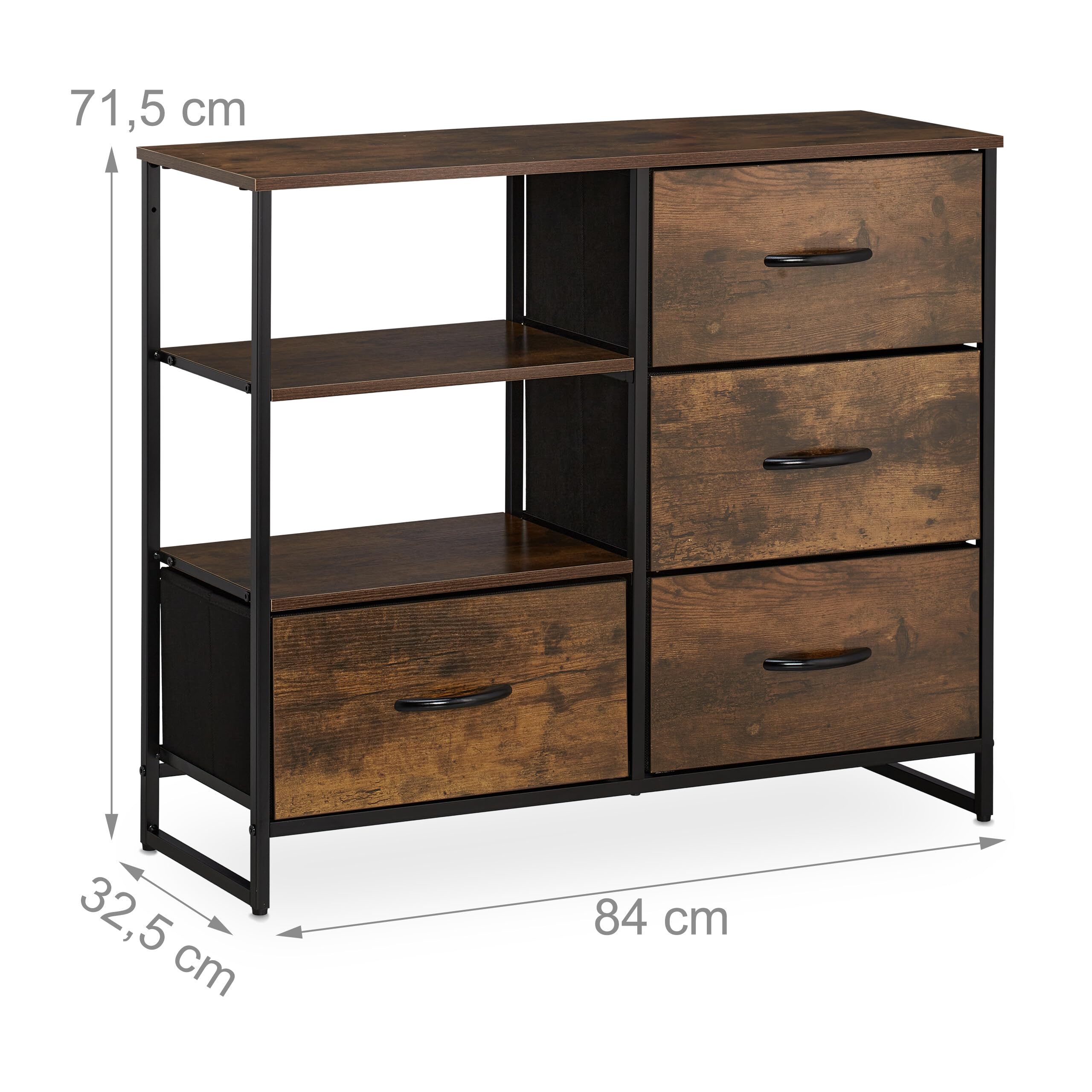 Relaxdays Commode de Style Industriel, HLP 71,5 x 84 x 32,5 cm, métal, Aspect Bois, avec 4 tiroirs, Buffet, Marron/Noir