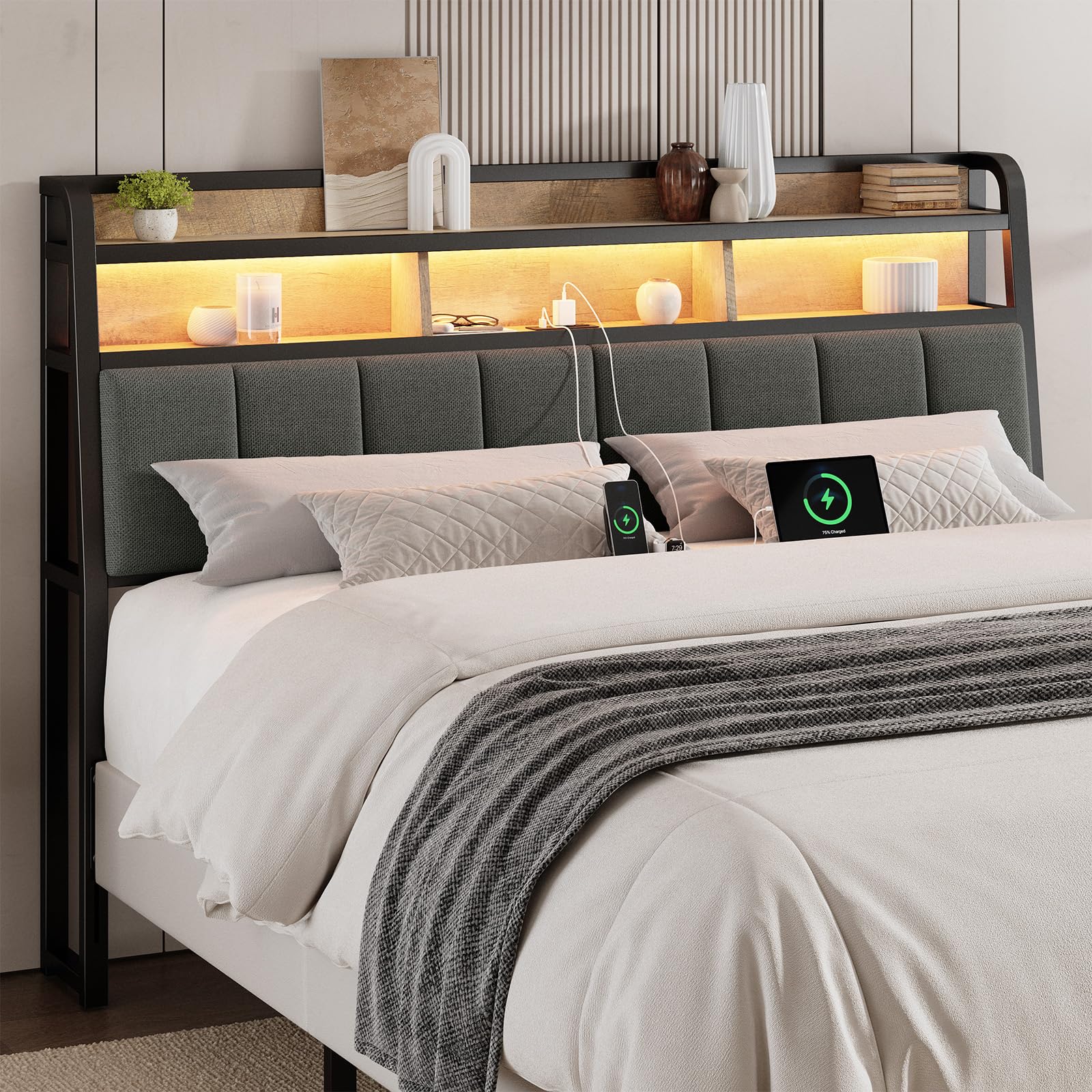 ONBRILL Ergonomic Headboard Queen Size with 2-Tier Storage, Black & Brown