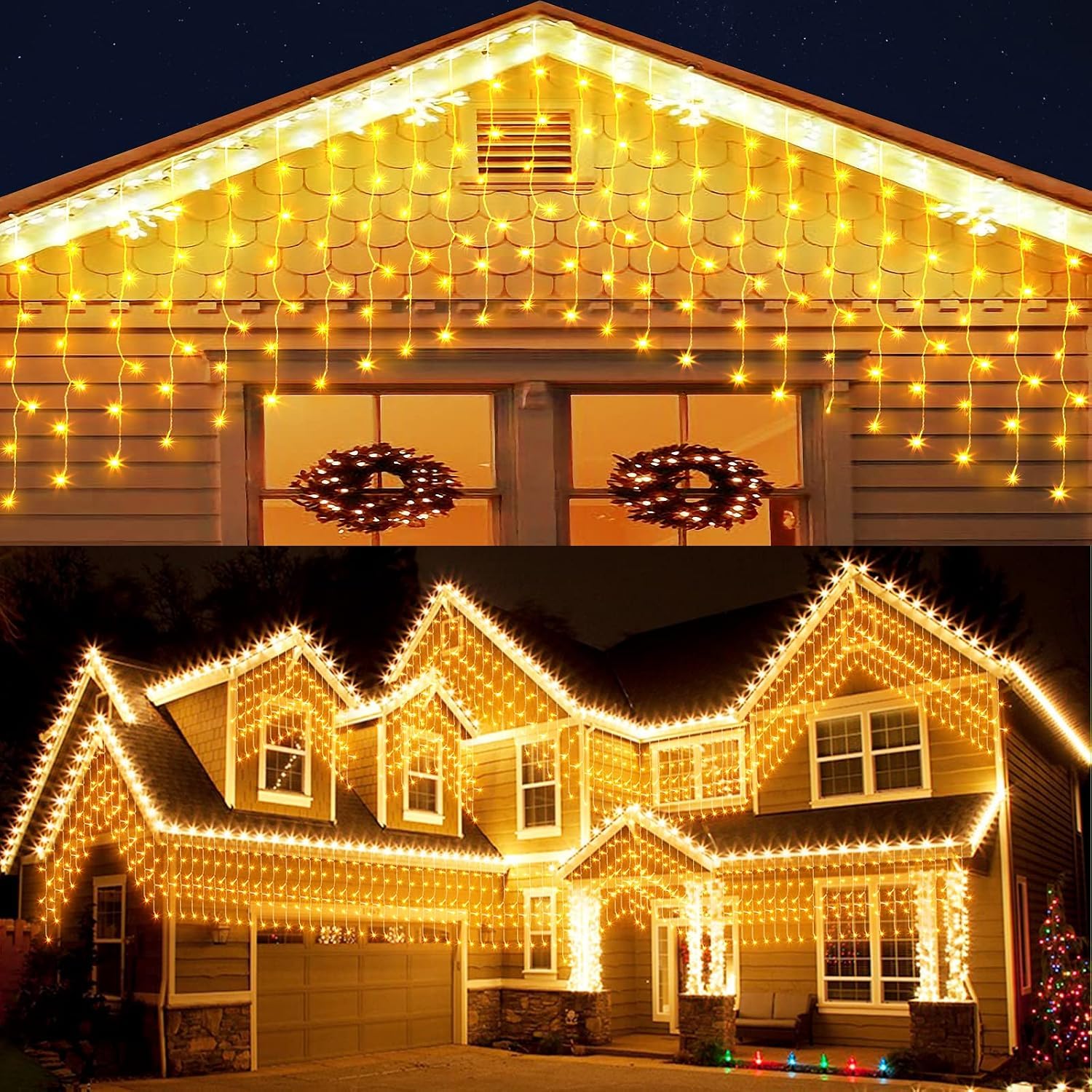 Elegear Lichtervorhang Außen, 4M 144LEDs Erweiterbar Eisregen Lichterkette | IP44 Lichterkettenvorhang Außen Warmweiß Weihnachtsbeleuchtung Weihnachtsdeko für Fenster Vorhang Party Traufe
