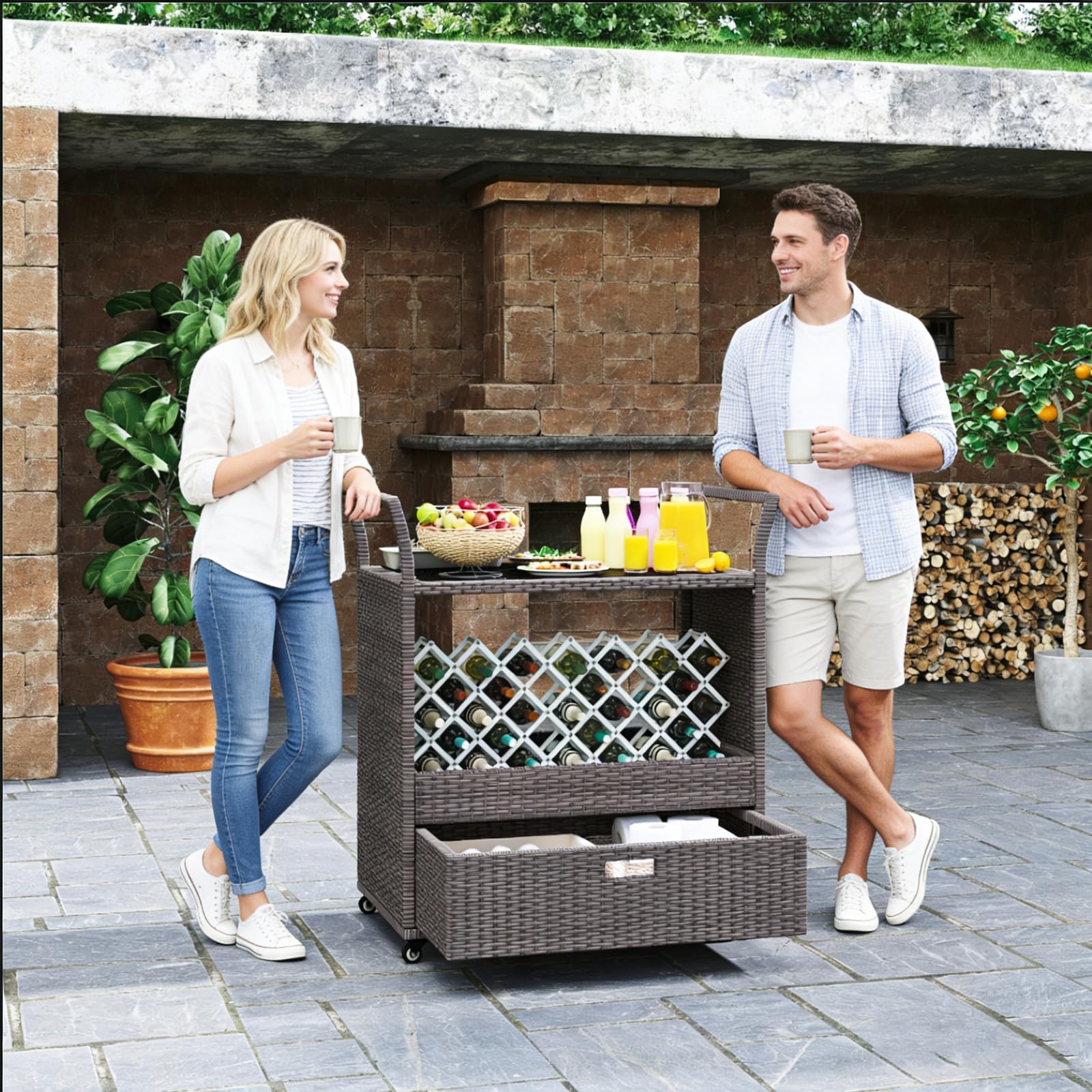 GIANTEX Chariot de bar d'extérieur avec roues, chariot de service en rotin avec étagère en verre trempé, étagère de rangement et tiroir amovible pour véranda, jardin et bord de piscine