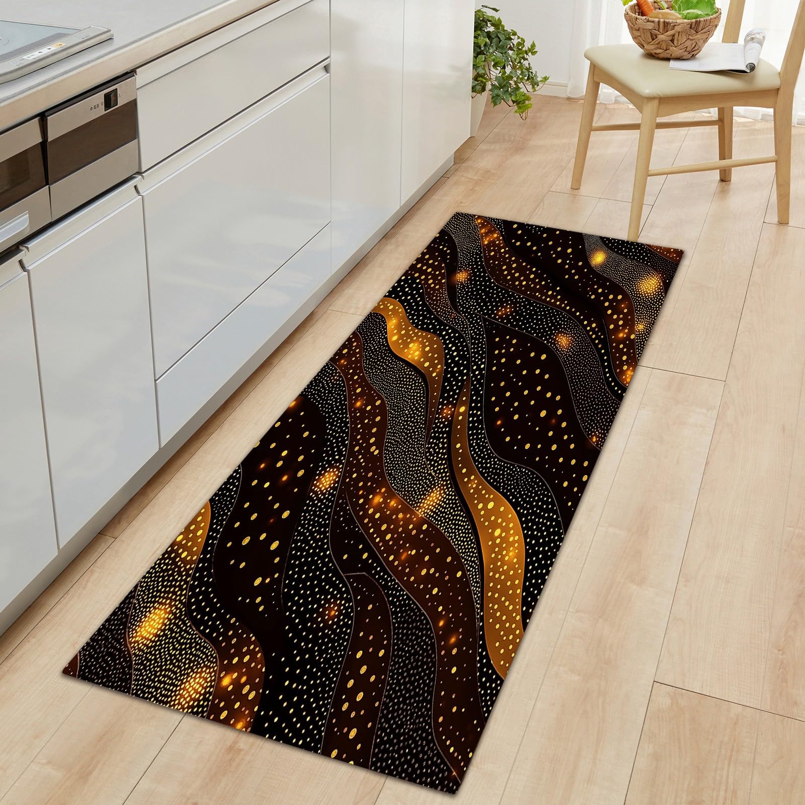 Long Runner Rugs for Hallway 70 x 240 cm, Dark Brown Non Slip Hall Runner Carpets, Narrow Rugs Washable Abstract Leopard Texture Gold Dots Carpet for Hallway Stair Entryway Kitchen