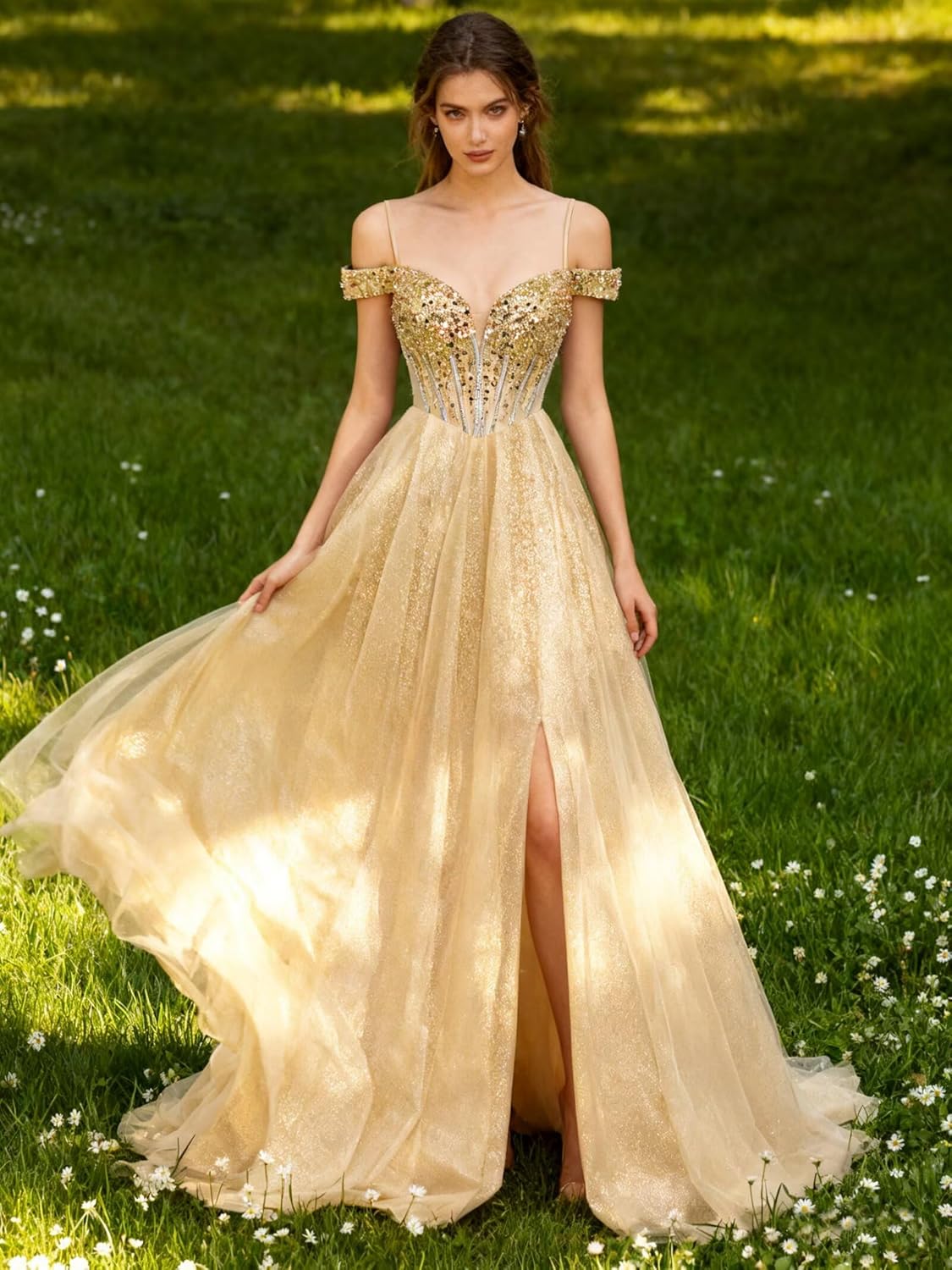 Tulle Prom Dresses Long Off Shoulder Ball Gown for Women Formal Sequin Beaded Corset Evening Gown - Image 3