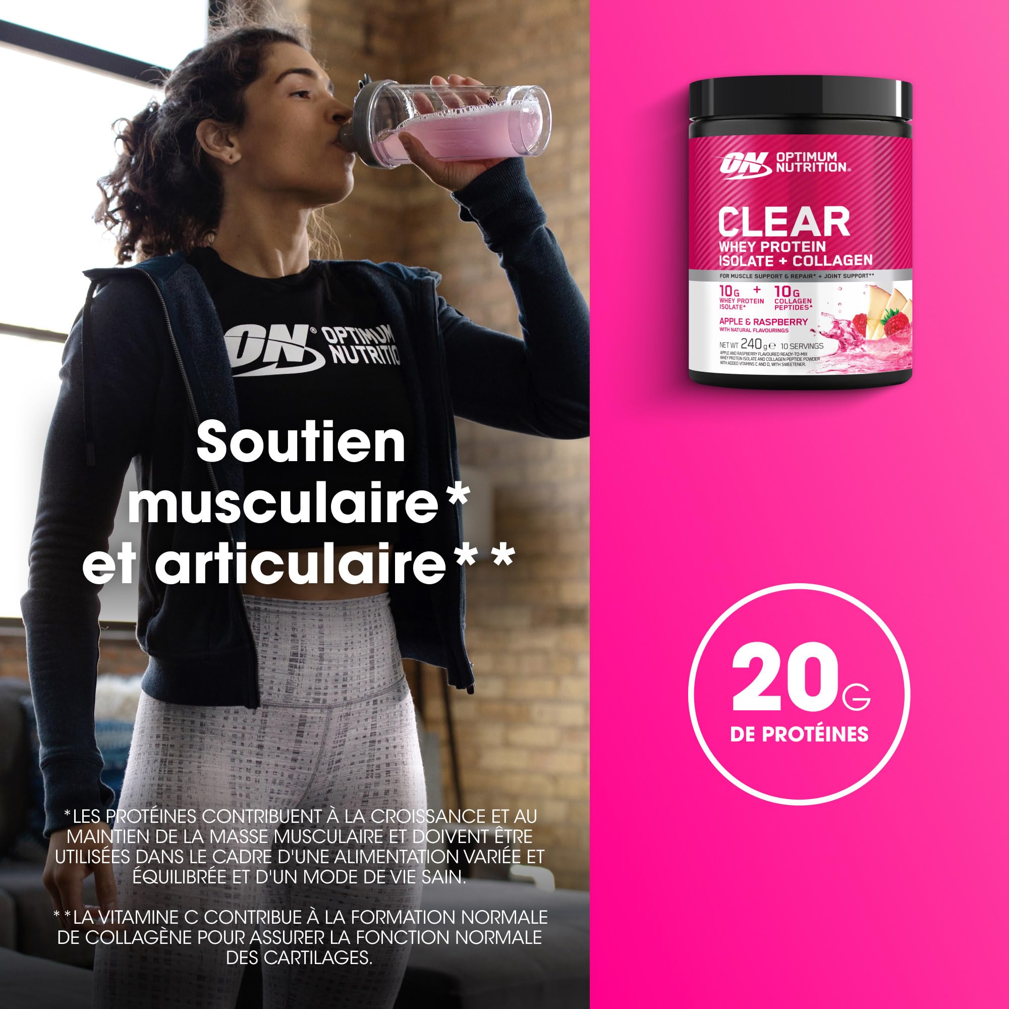 Optimum Nutrition Clear Whey + Collagène, Pomme & Framboise, 10 g Whey Isolate et 10 g Peptides de Collagène par Portion, Boisson Protéinée Claire pour les Articulations, 240 g, 10 Portions*