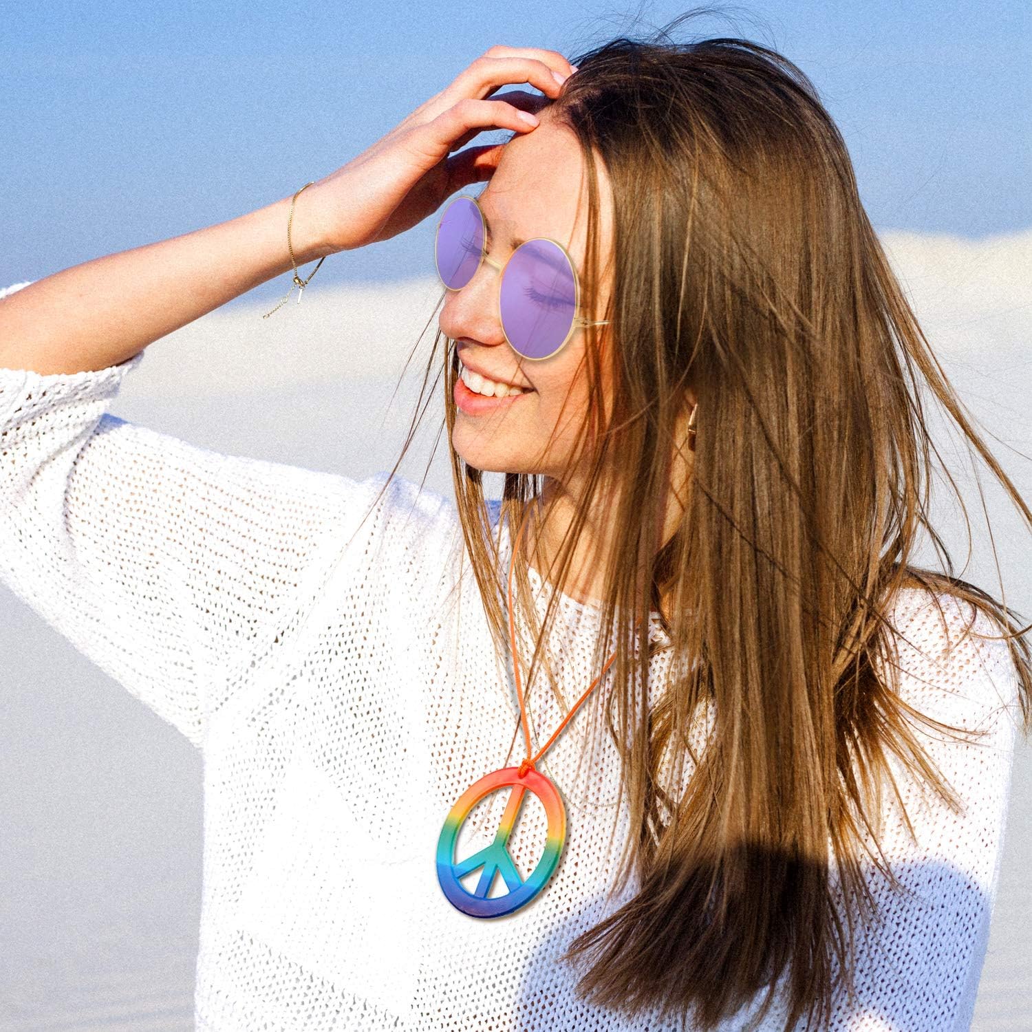 12 Pcs Hippie Costume Accessory Set 60s 70s 4 Pairs Hippie Sunglasses 4 Pcs Daisy Headband 4 Pcs Peace Sign Necklace - Image 6