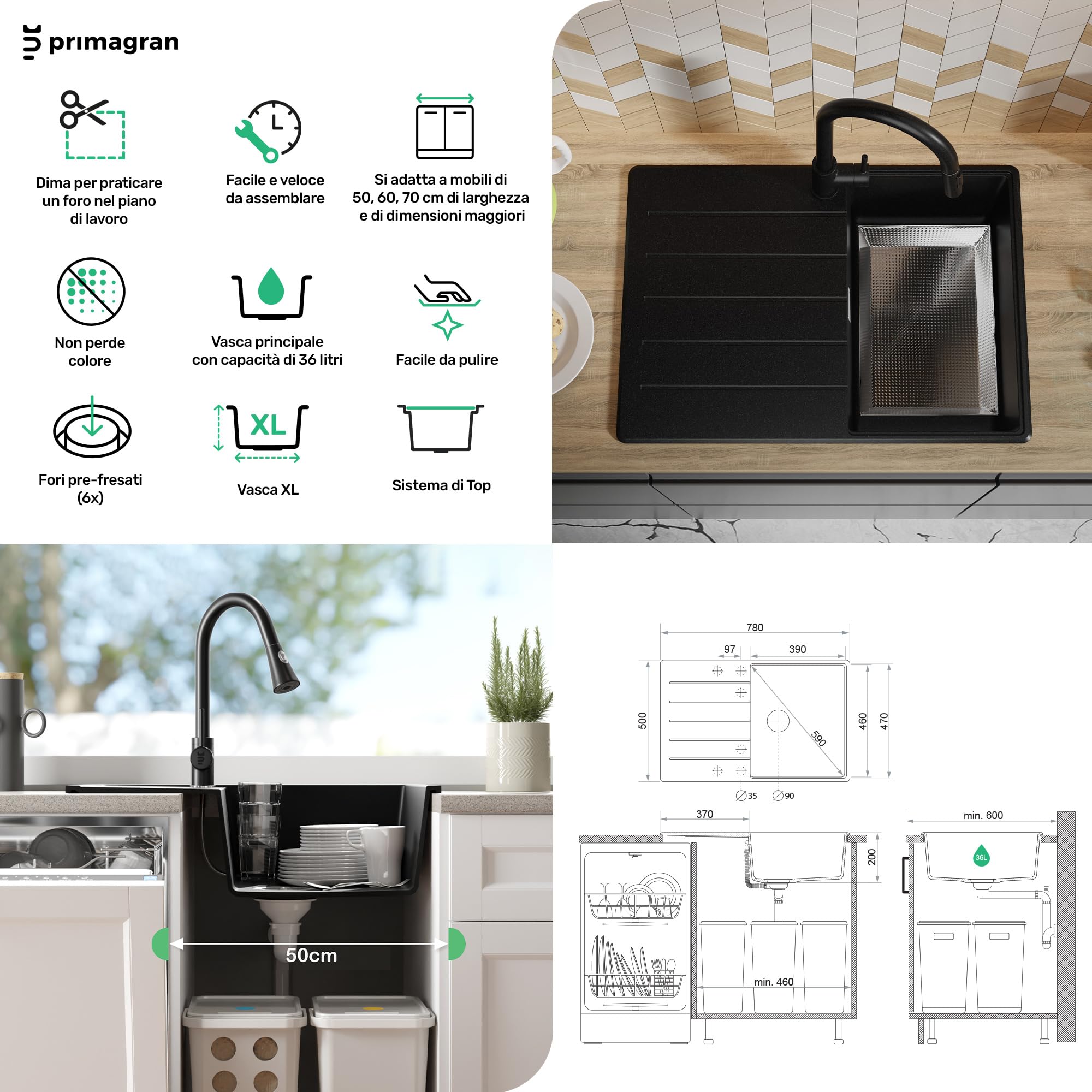 PRIMAGRAN Lavandino da Cucina Beige 78x50cm, Lavello in Granito a 1 vasca + Rubinetto 38x14cm + Set di accessori, Lavabo da Cucina Incasso al Mobile 50cm - Copenhagen Top S503