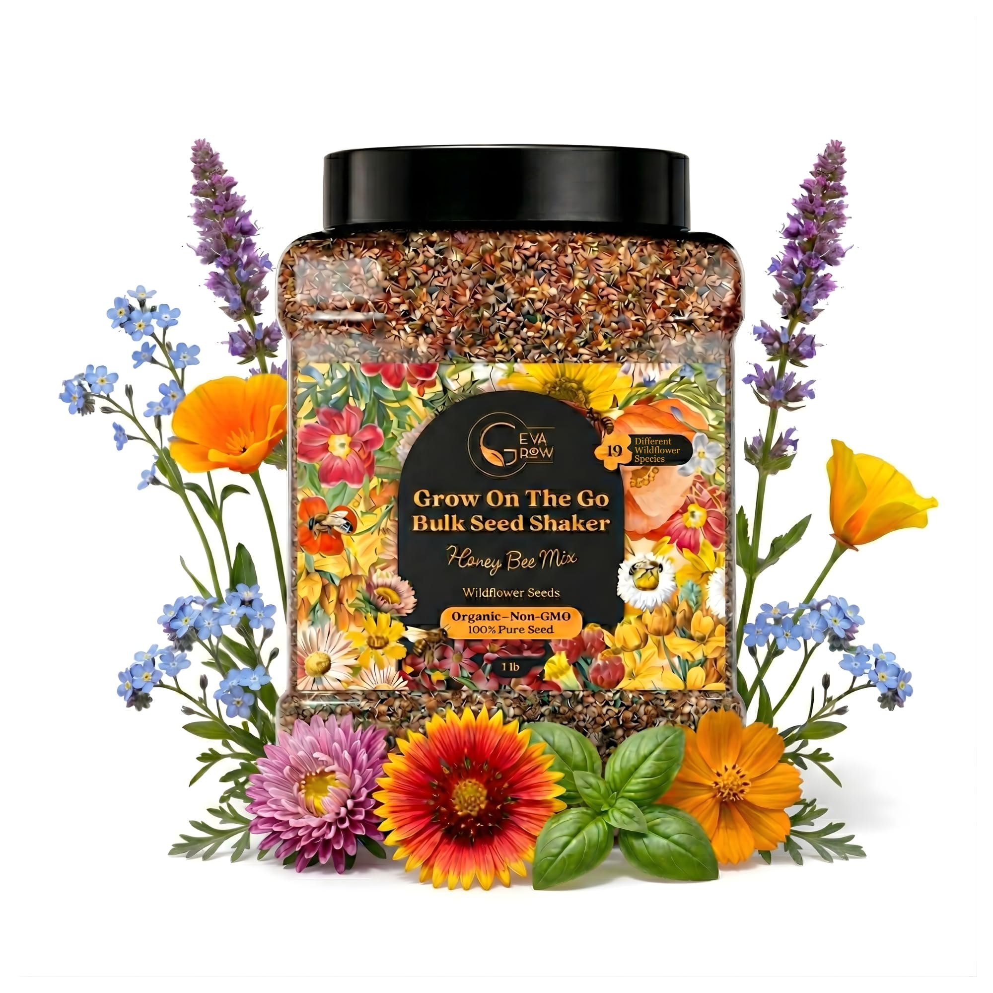 Bulk Wildflower Seed Mix – Honey Bee Wildflower Seed Mix 1 Pound Tub by GevaGrow | Bulk 300,000+ Seed Tub | 19 Variety Flower Seeds for Planting in