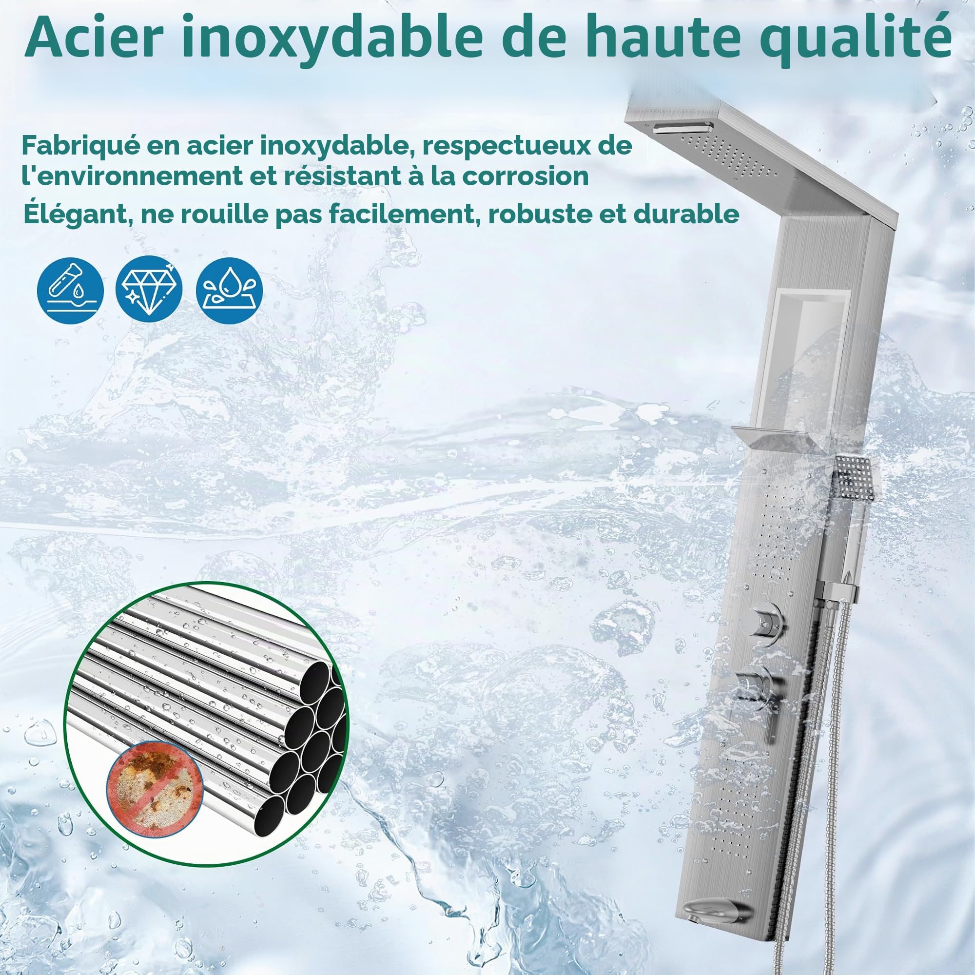Aufun Panneau de douche en acier inoxydable avec étagère et robinet, colonne de douche 5 fonctions, pluie et brouillard, 4 jets de massage grand angle réglables, douchette et bec de baignoire cascade