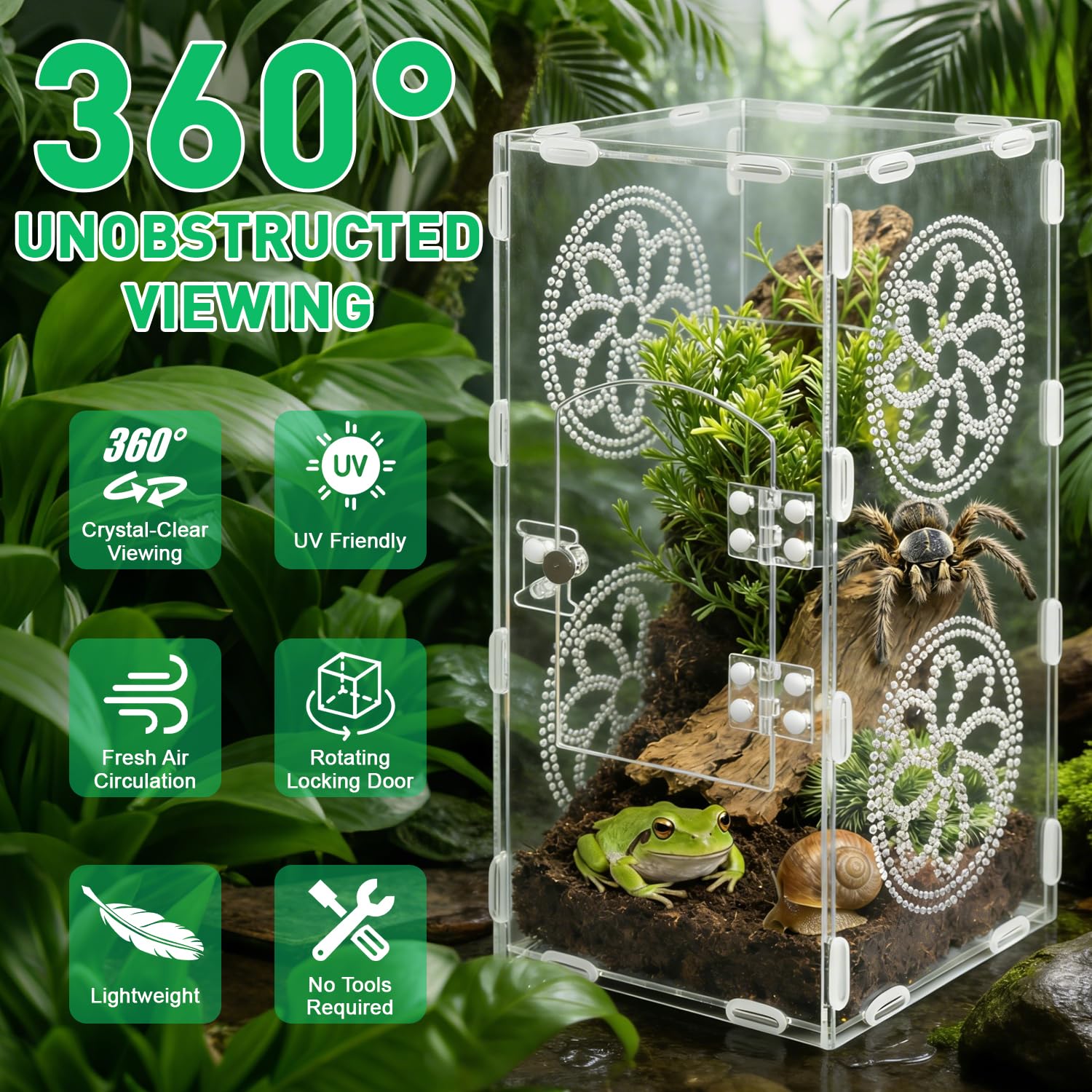 DARENYI Acryl Reptil Terrarium, 30 x 15 x 14cm 360° Transparente Faunabox Enthält Pinzette, Atmungsaktiv Reptilien Aufzuchtbox, Reptilien Fütterungsbox für Springspinne, Eidechsen, Schnecken, Insekten - 3