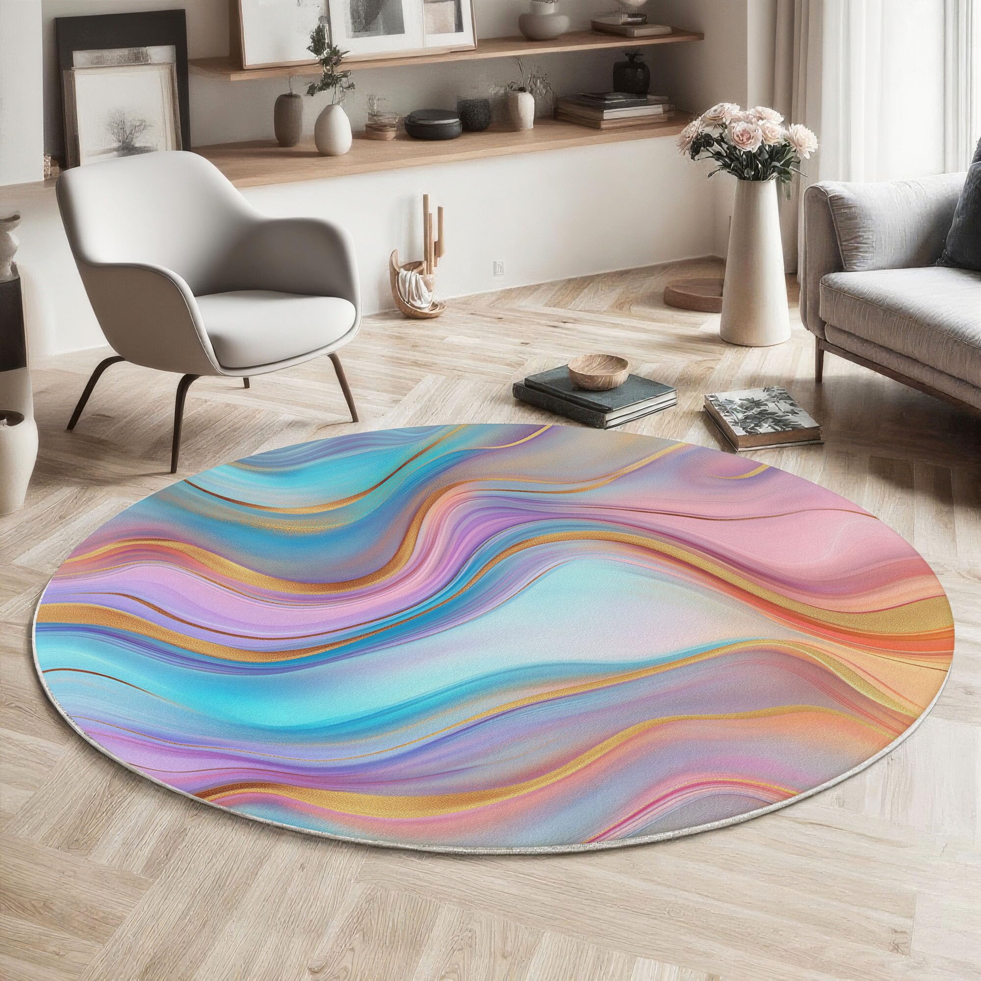 Tapis de salon rond pour chambre à coucher au style fluide