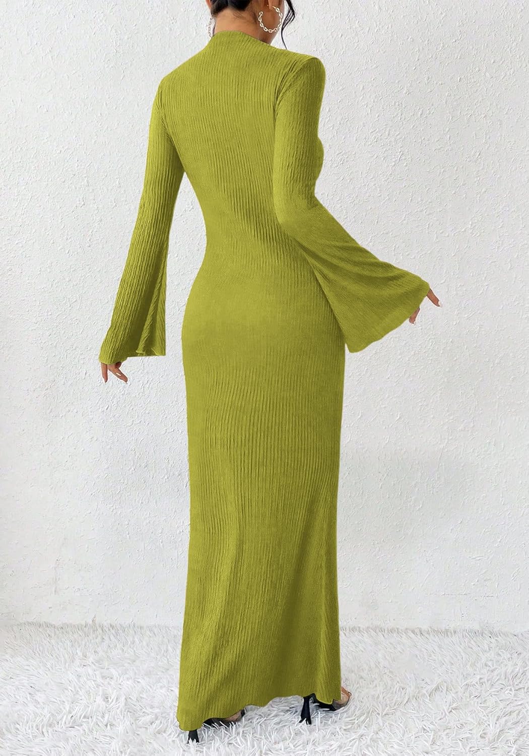 Ammiko Women's Fall Fashion 2025 Long Sleeve Maxi Dresses Solid Color Boho Dress Boat Neck Flare Sleeve Bodycon Dress - Image 3