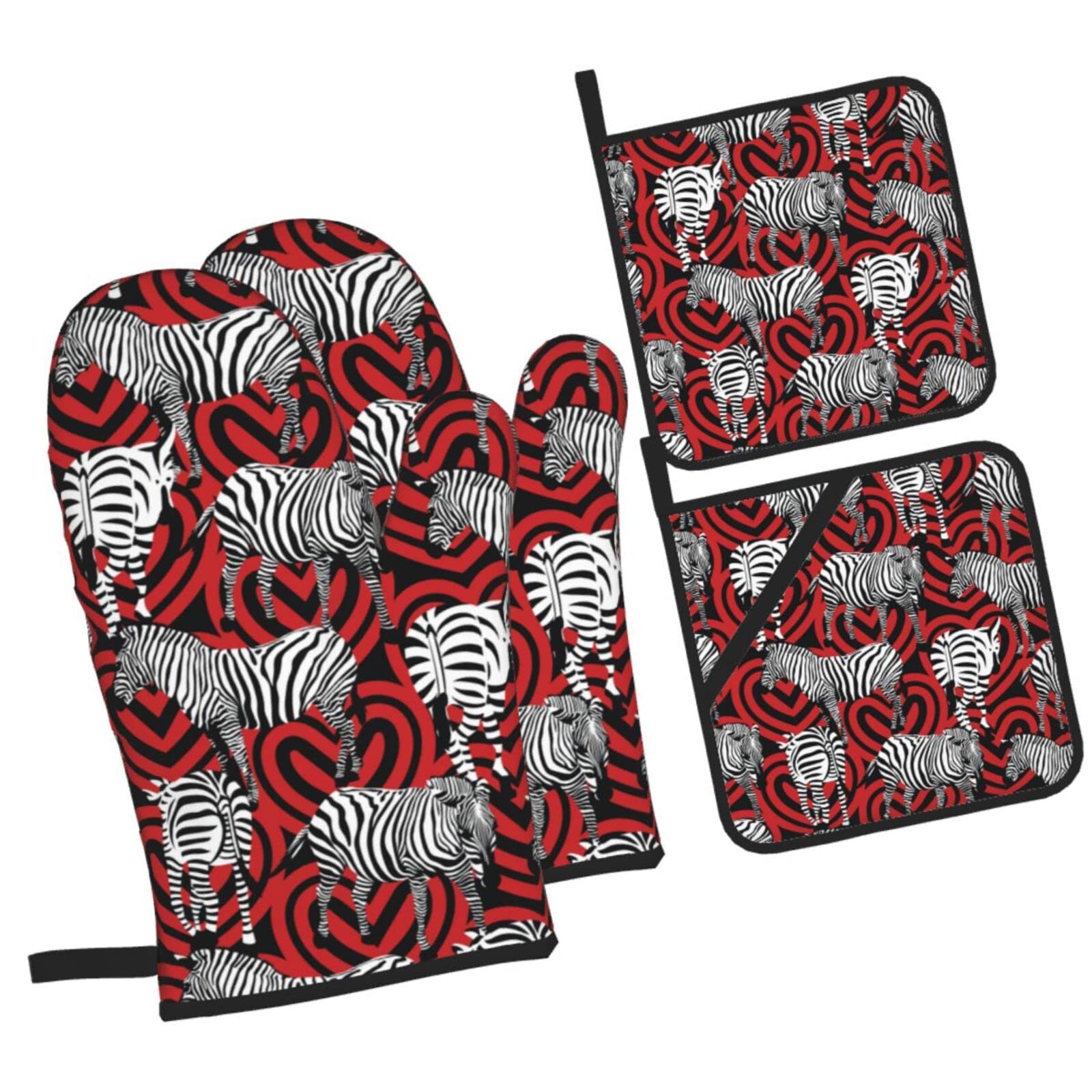 Zebra On Red Heart Oven Mitts and Pot Holders Sets, Christmas Oven Mitt Kitchen Heat Resistant Non-Slip Pot Holders Set for Cooking Baking BBQ