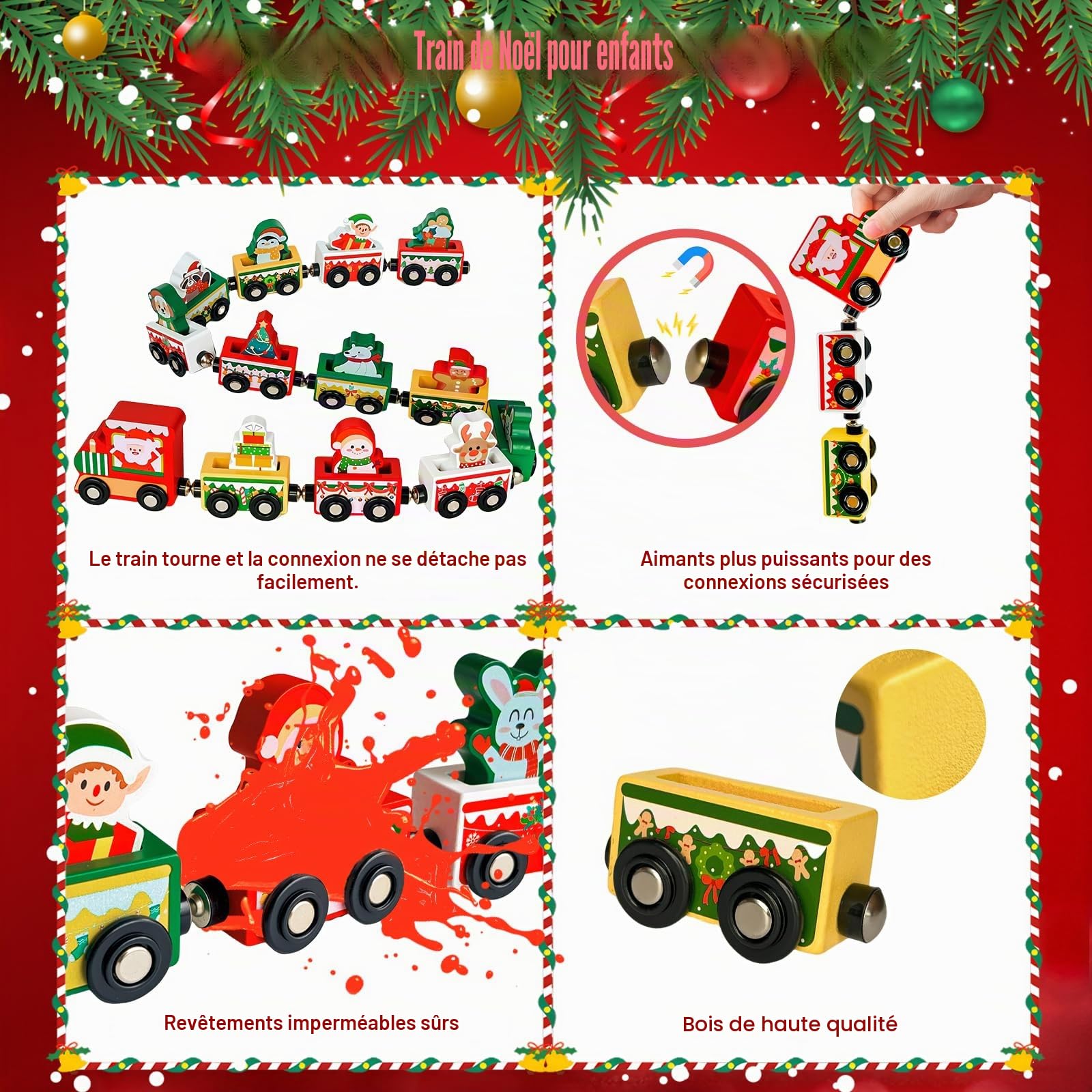 Calendrier de l'Avent 2025 Train de Noël, chemin de fer en bois magnétique, cadeau de compte à rebours de Noël de 24 jours pour enfants, jouet de calendrier de l'Avent festif pour garçons et filles