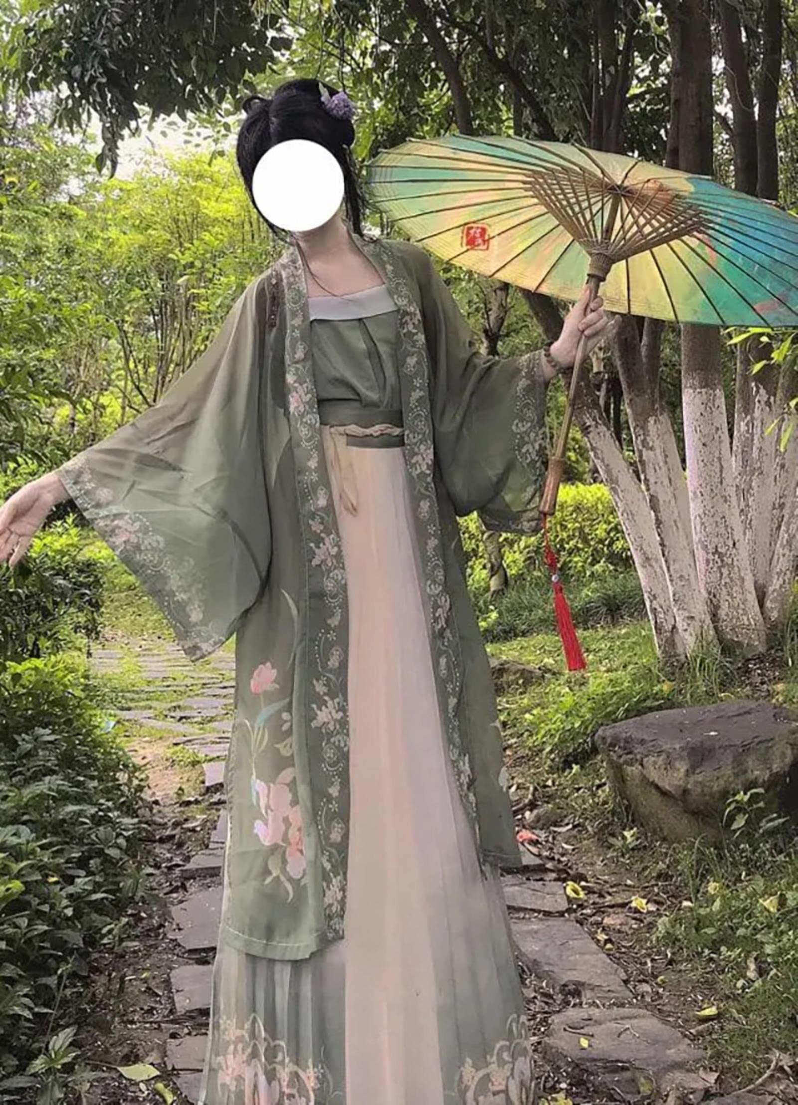 Chińska sukienka Hanfu 3 sztuk zestaw herbata zielona płynąca sukienka maxi chińskie starożytne kobiety sukienka haftowana kostium do strzelania ukończenie szkoły-jeden zestaw 3 szt., L, CN (tylko 1
