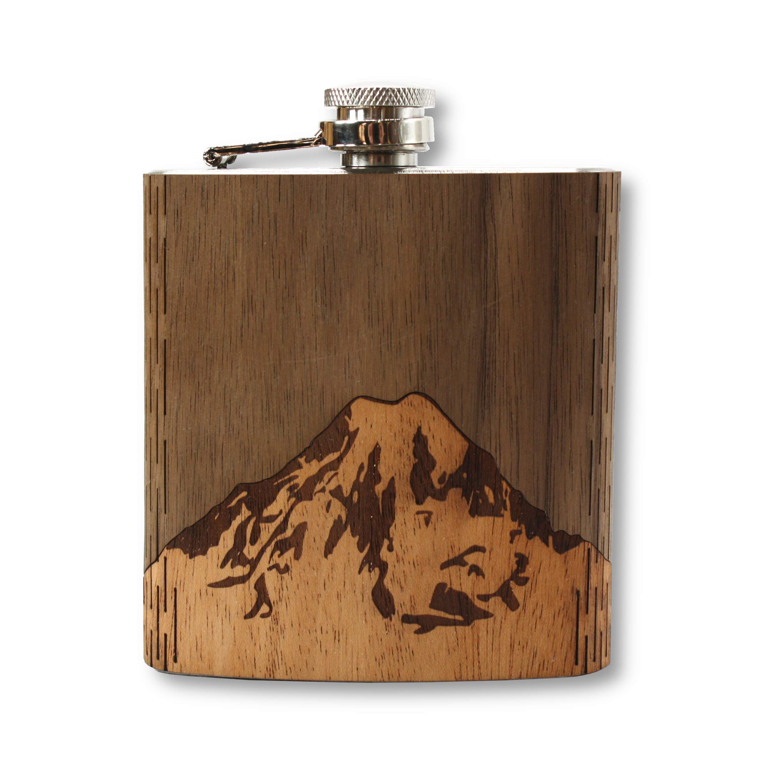 WUDN 6 oz. Wooden Hip Flask - Stainless Steel Body, Mt. Rainier Walnut Sky