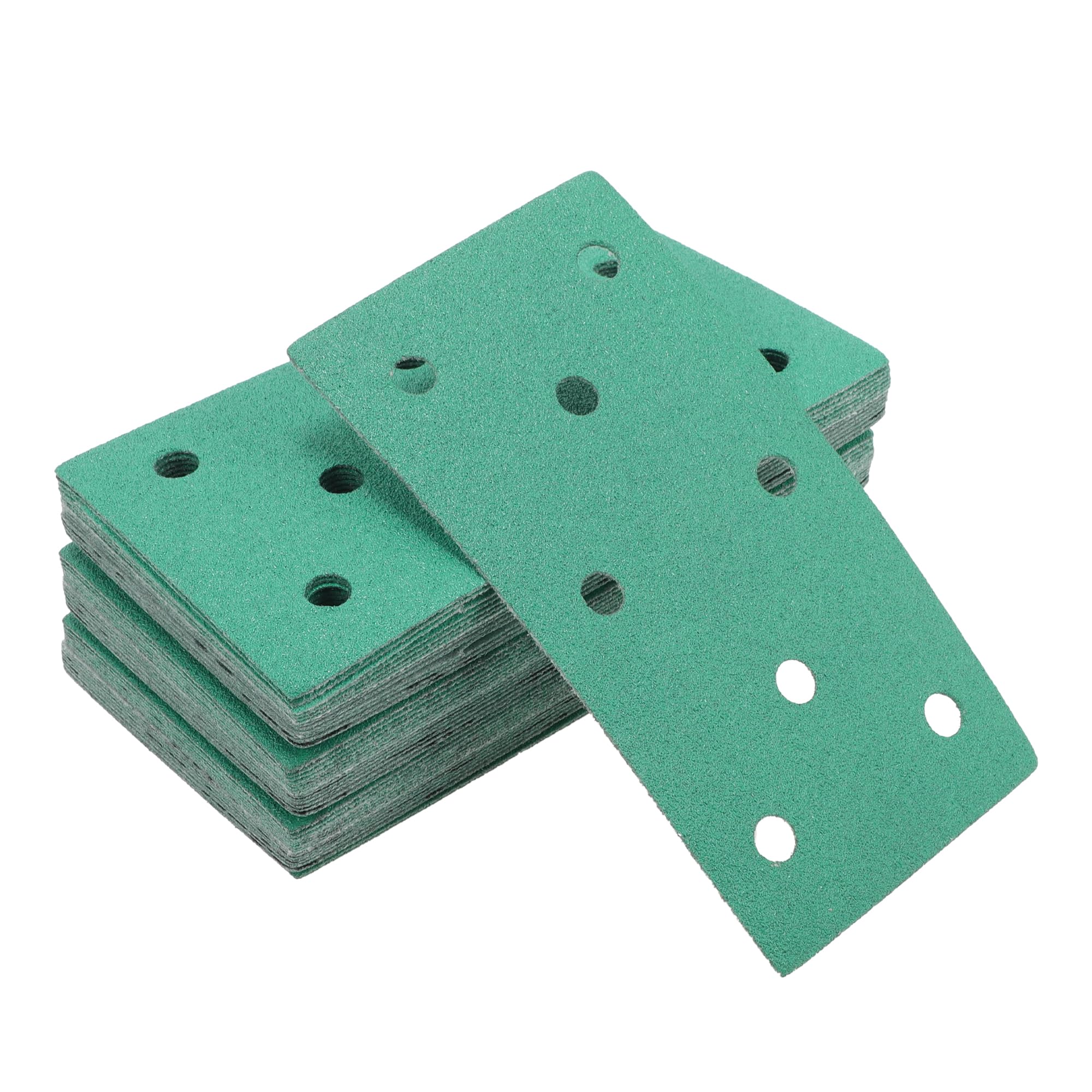 A ABSOPRO Sandpaper Hook & Loop Sanding Sheets 7.09Inch x 3.74Inch Green 50 Pcs P80 Rectangular Flocking 8 Hole Efficient Grinding and Polishing