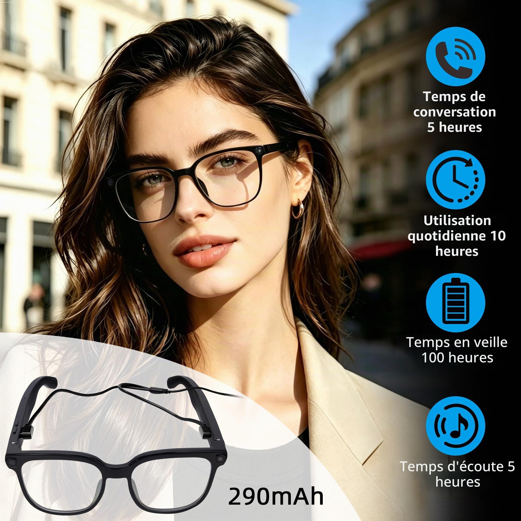 Lunettes intelligentes Ai avec caméra et Bluetooth - Enregistrement vidéo 4K HD, traduction en temps réel, avec verres changeant de couleur pour voyage, sports, utilisation en extérieur