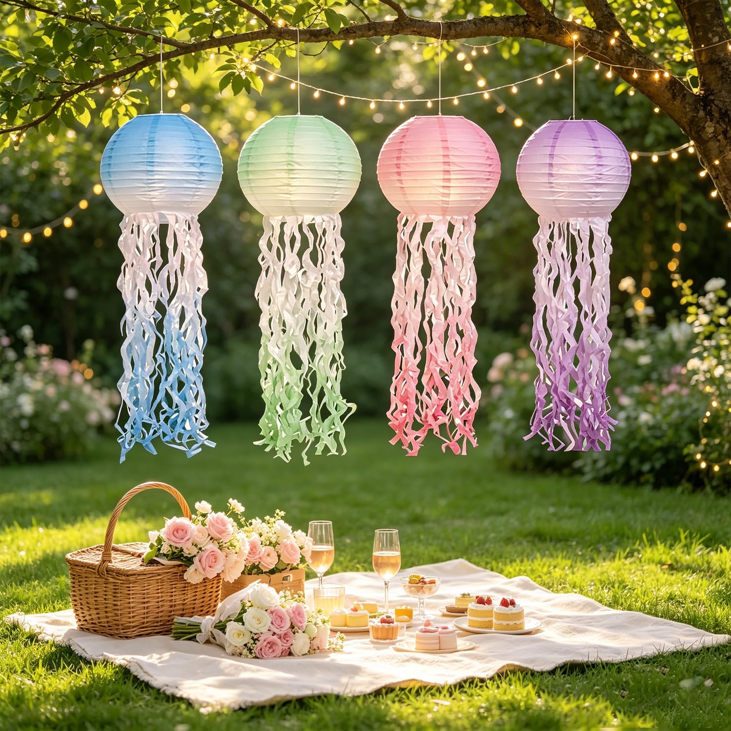 8 sztuk papierowych lampionów z meduzy, gradientowe lampiony, dekoracja na imprezę | Papierowe lampiony z meduzami z delikatnym gradientem na ocean motyw urodziny impreza syrenka impreza ogród wesele