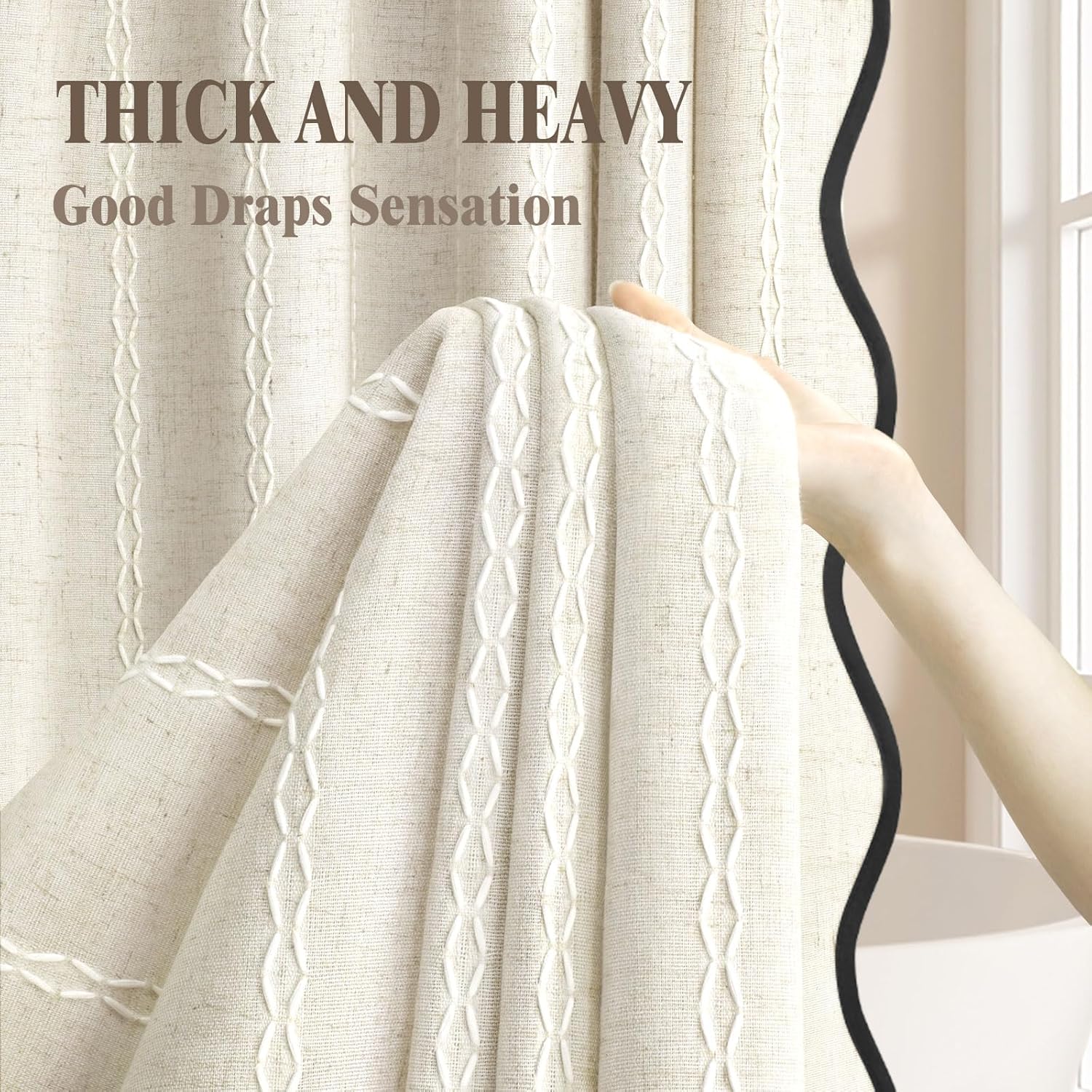Scalloped Boho Shower Curtain, Cotton Fabric with Embroidered Woven, Beige, 72" W x 84" L