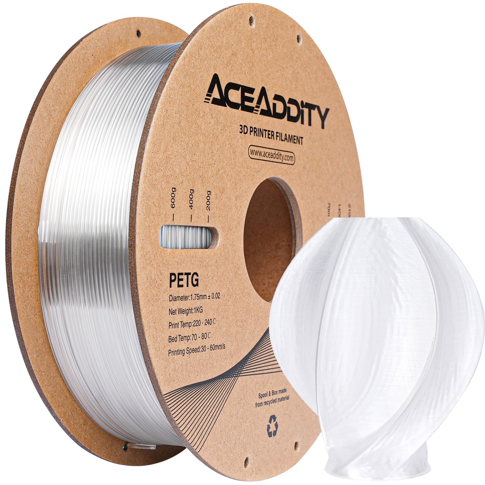Filamento de PETG de 1,75 mm PETG de impresión 3D, compatible con la mayoría de impresoras 3D FDM Neptune 2 / Neptuno 3 / Ender 3 / Precisión dimensional ± 0,02 mm, bobina de 1 kg (2 kg)