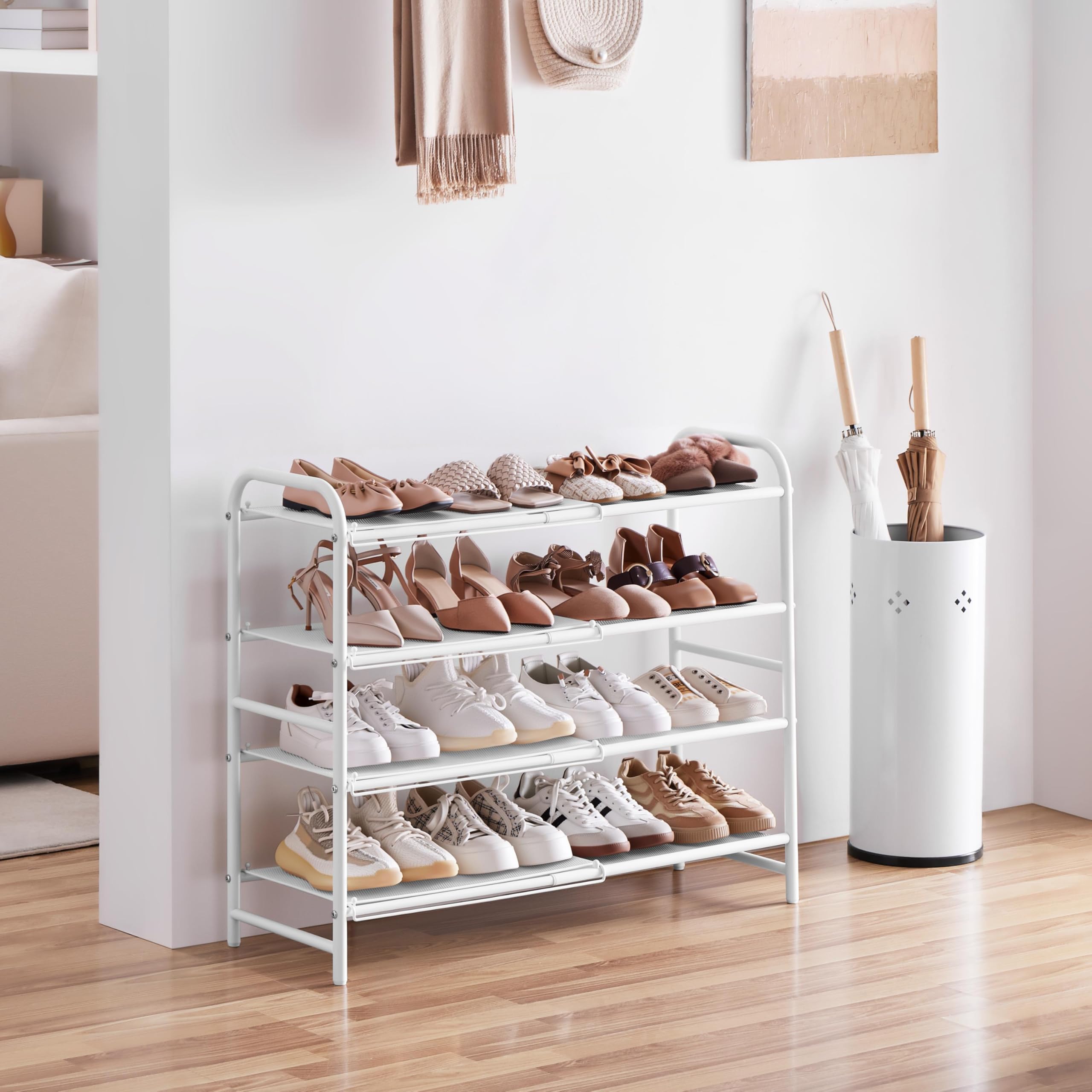 Yaheetech Zapatero Extensible, Estante Zapatos de Malla Metálica de 4 Niveles, Organizador de Zapatos para Entrada, Armario y Pasillo, Ajustable 50-84,5 cm, Capacidad para 15-20 Pares (Blanco)