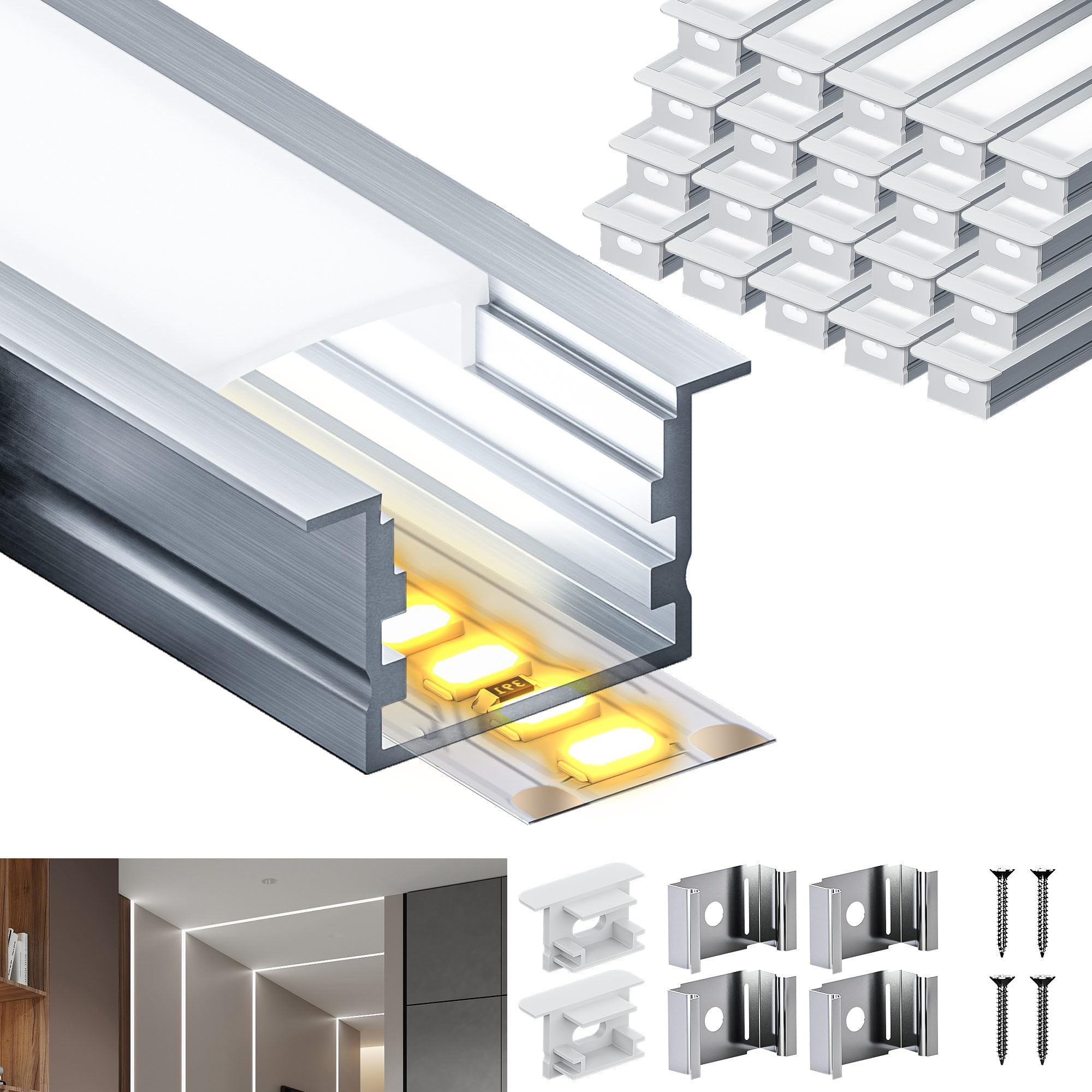 20 x 2 m, set di profili in alluminio per LED con 20 copertine per strisce LED, con tappi terminali e clip in metallo, resistente alla polvere, alla ruggine e all'umidità, per illuminazione indiretta