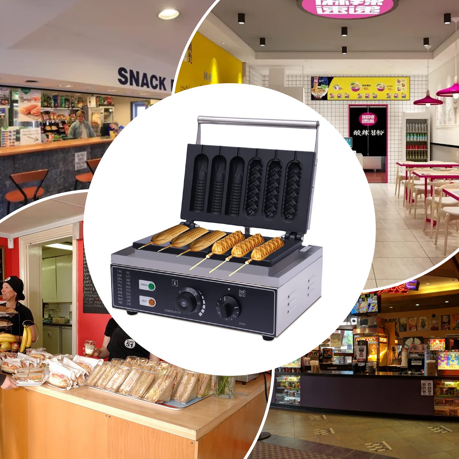 Machine à hot-dog électrique 1500 W en acier inoxydable, contrôle de la température de 50 à 300 °C, avec minuterie de 5 minutes et 6 moules à hot-dog, pour la cuisine domestique, les stands de rue