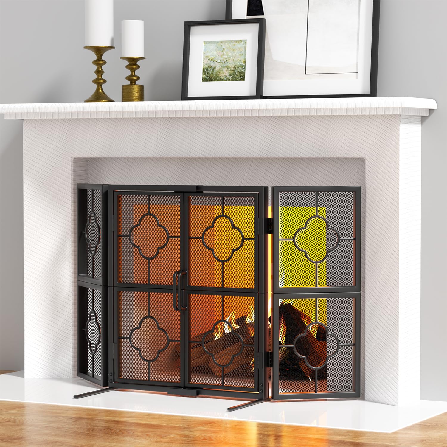 Amagabeli Écran De Cheminée 3 Panneaux en Fer Forgé Métal Décoratif Grille Clôture Solide Acier
