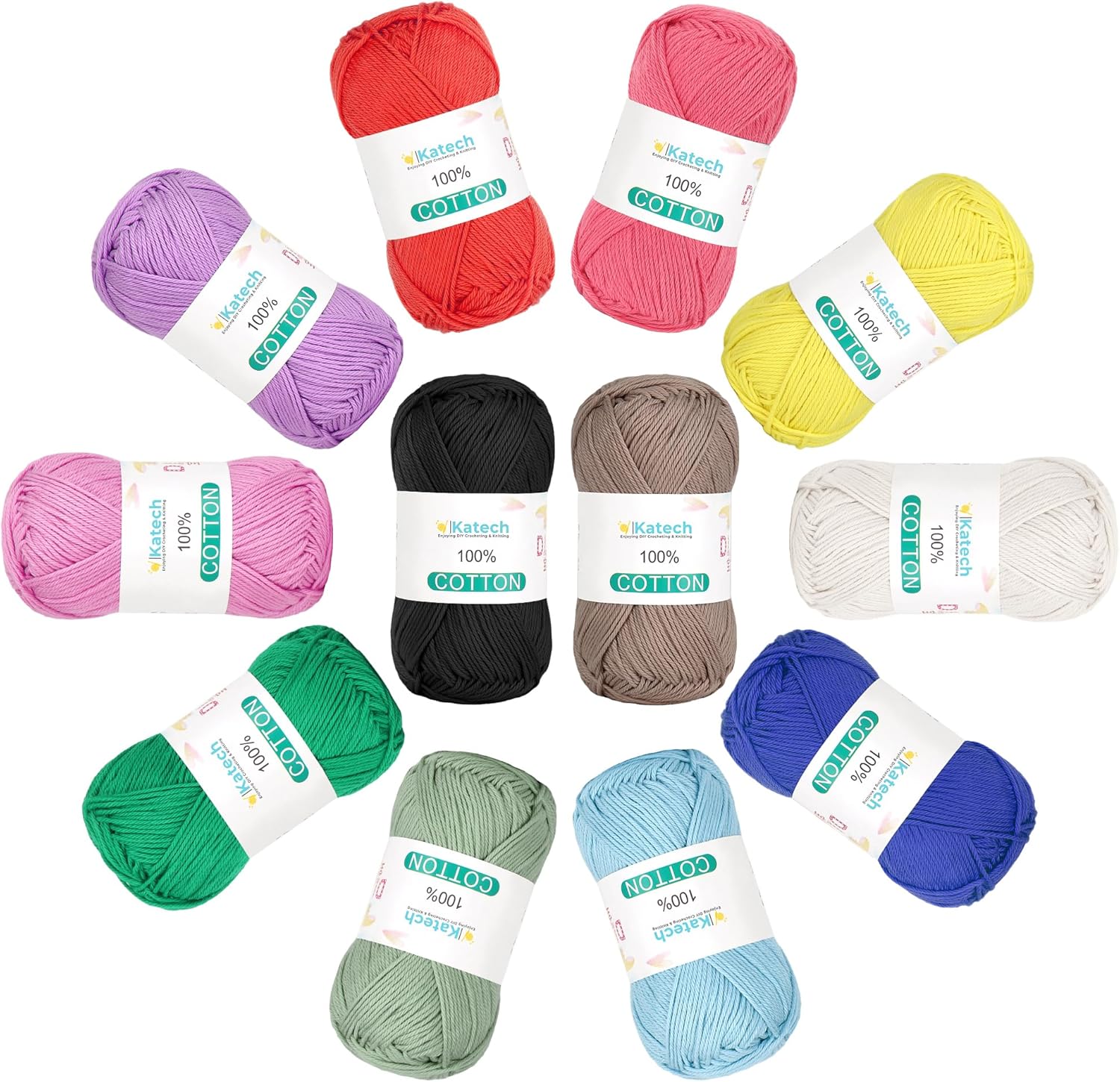 Katech 1OO% Cotton Yarn for Crocheting & Knitting–12-Color of 137 Yards/1.76 oz Baby Cotton Yarn Sport Weight CYC #2-Soft & Breathable-Ideal for Dishcloths, Baby Clothes, Potholders(B)