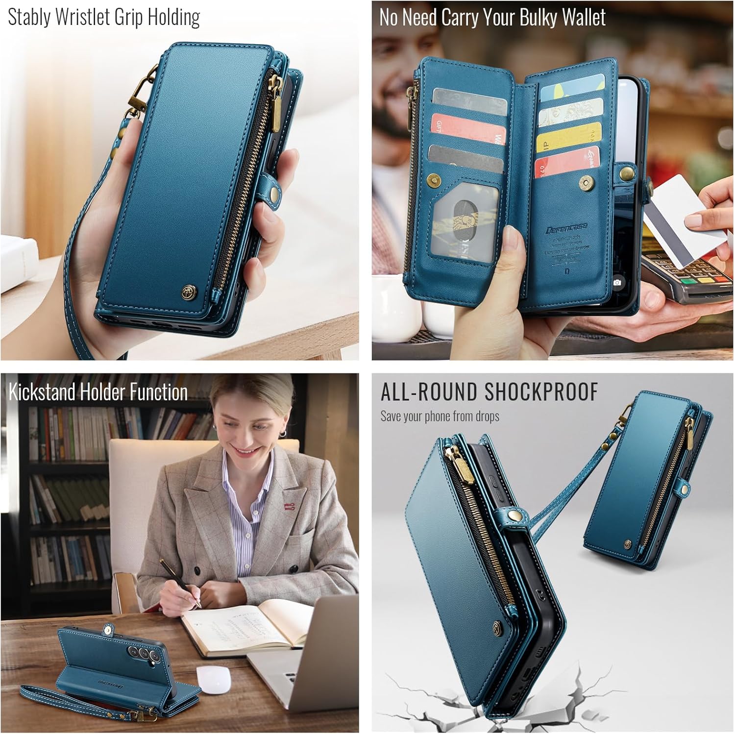 Defencase Compatible with Galaxy A16 5G Case Wallet with RFID Blocking Card Holder for Women and Men, PU Leather Magnetic Snap Flip Zipper Strap Wallet Phone Case for Samsung Galaxy A16/ 5G, Dark Blue