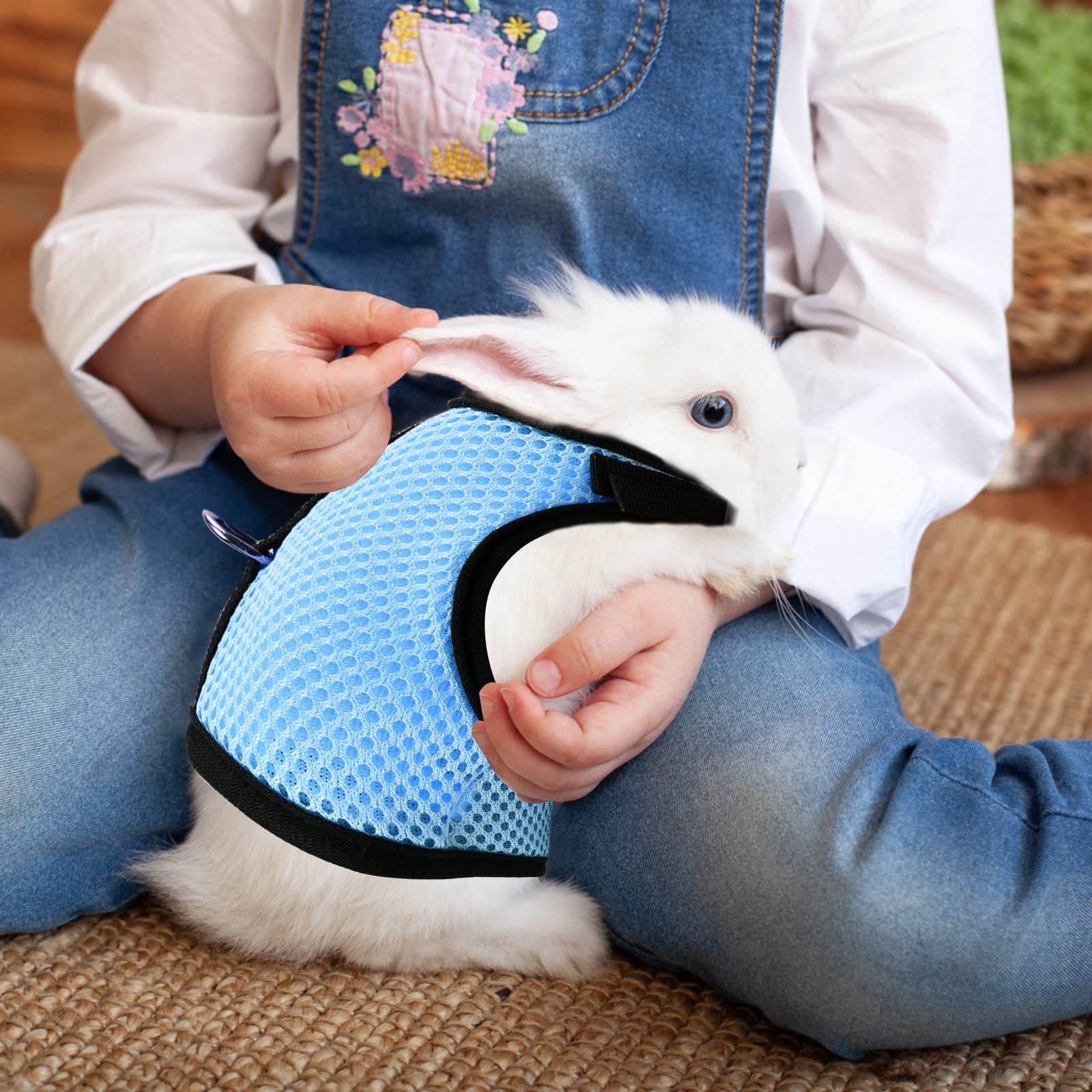 Harnais Lapin Réglable, Laisse Élastique Gilet Souple avec Corde de Traction pour Lapins et Cochons d'Inde (Bleu, S)