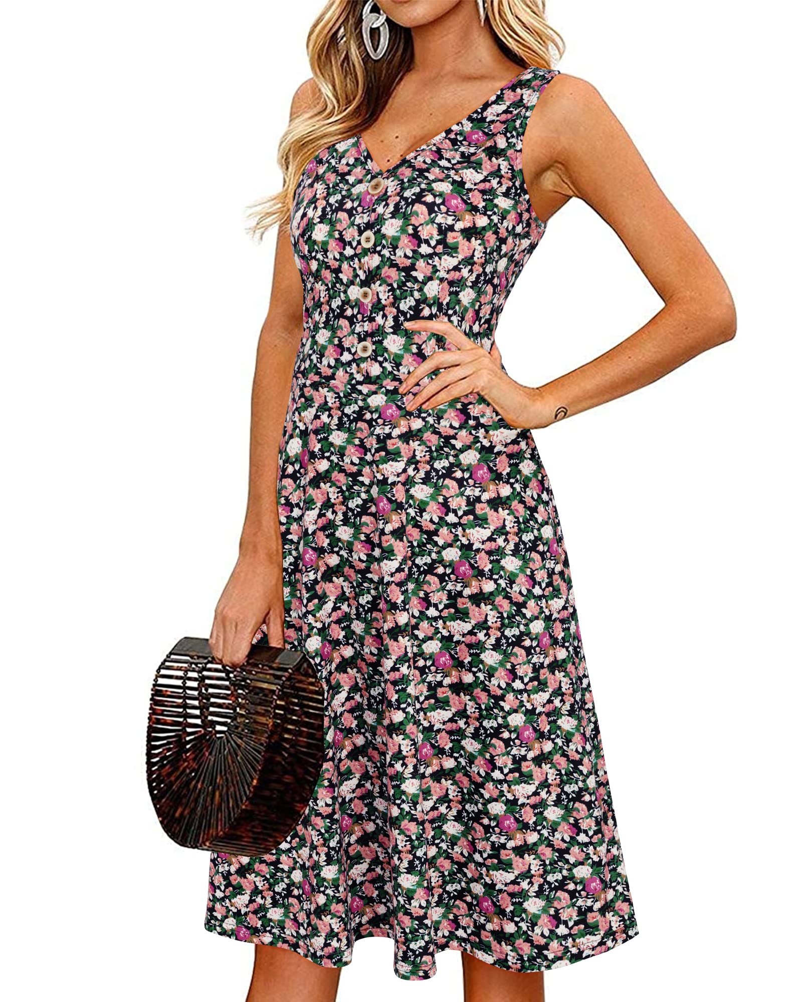 Women's Summer V Neck Sleeveless Casual Button Down Tank Dress Midi Floral Beach Party Sundress with Pockets