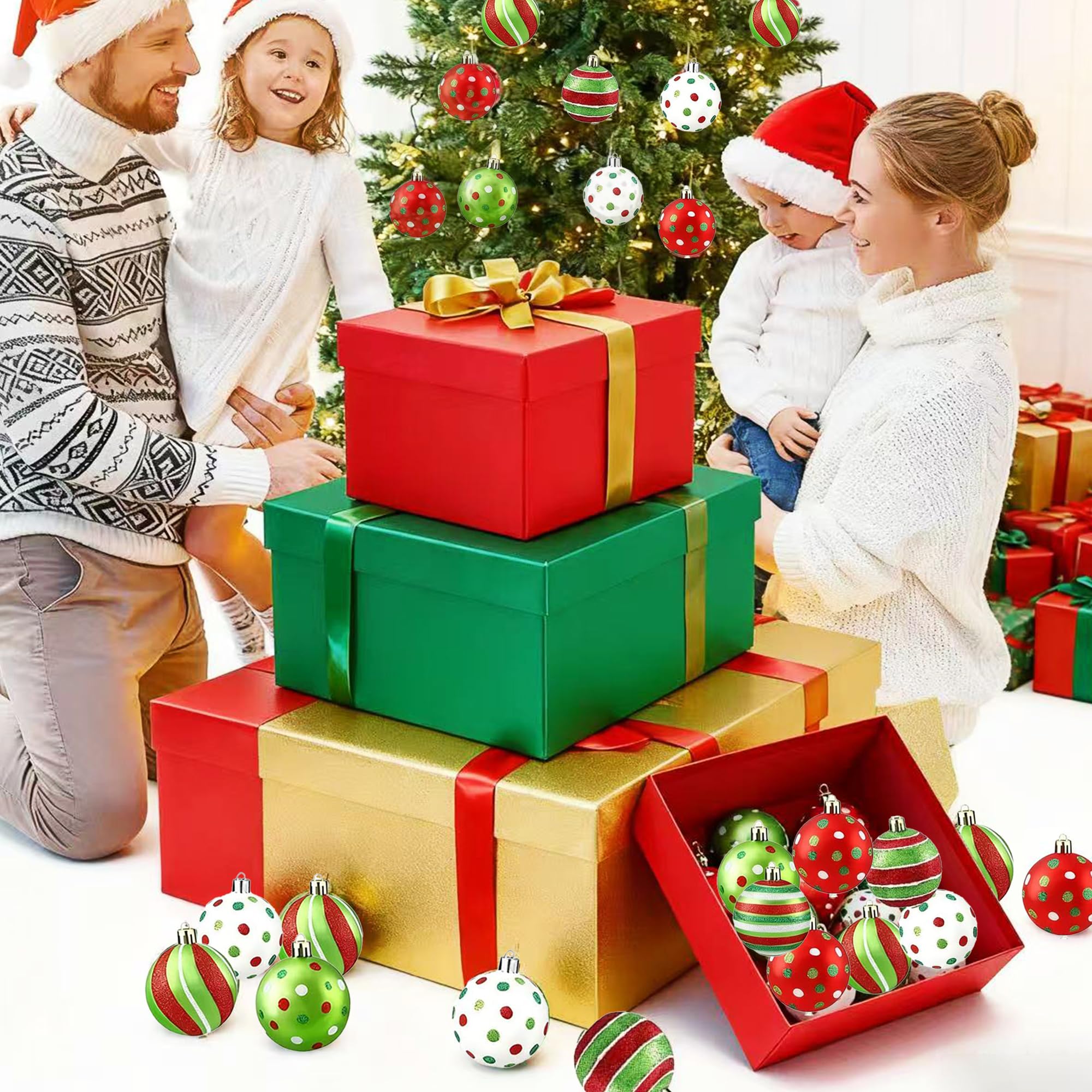 24 Stück Weihnachtsschmuck 6,1 cm – schillernde, bruchsichere Weihnachtsbaumkugeln, reichlich rot/grün/weiß, vorgebundene Weihnachtskugeln, hängende Ornamente für Feiertage, große Bäume