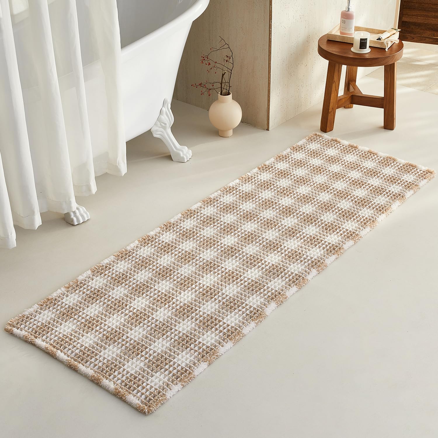 TYUU Waffle Runner Rug Bathroom, Long Boho Bath Mat, 72x24 Khaki &amp; White