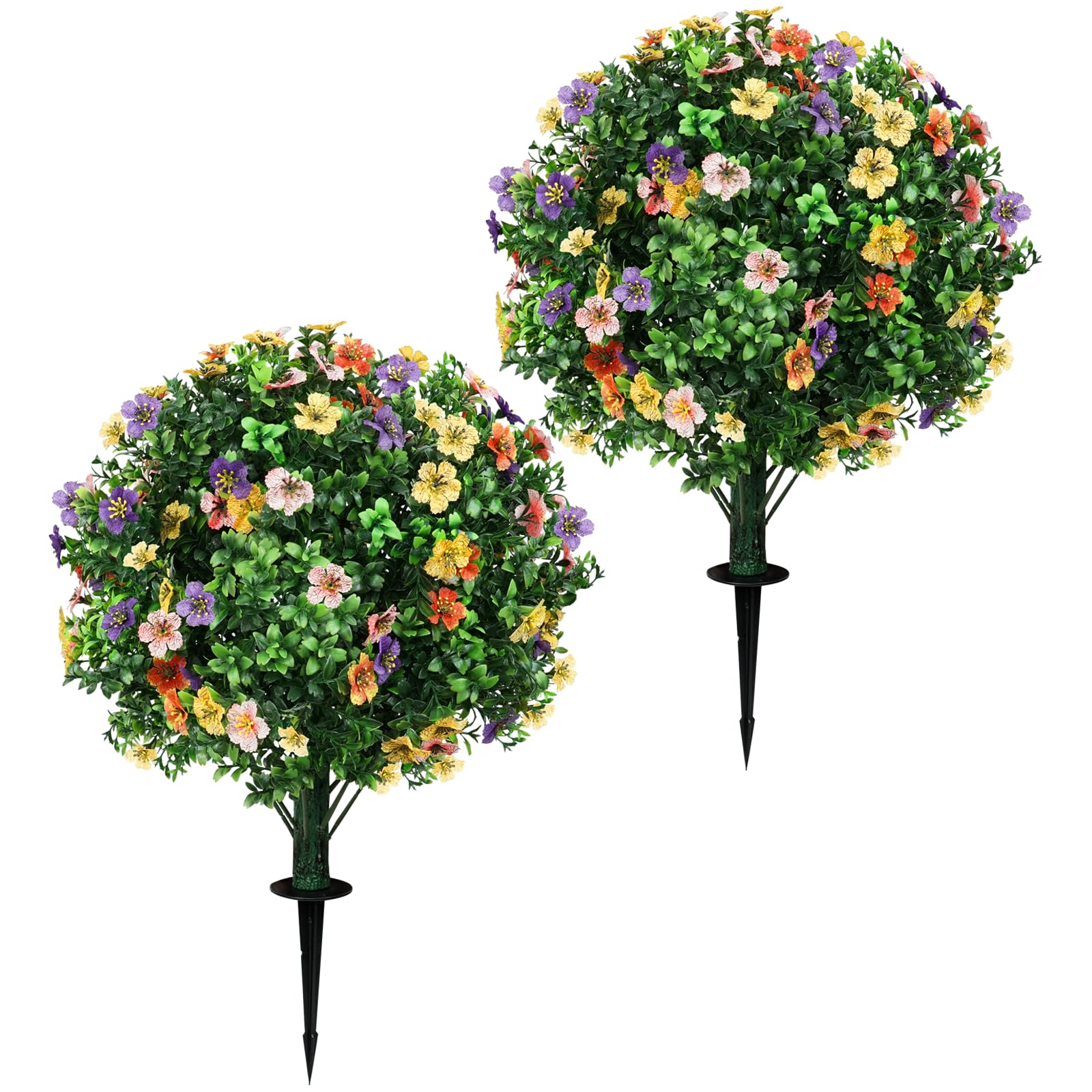 MixcMax Artificial Plants Outdoor, 2 Pack Topiary Ball Plastic Flowers Fake Boxwood Plants Faux Planter Shrubs Evergreen Greenery for Front Door Garden Indoor Home Decor (Violet)