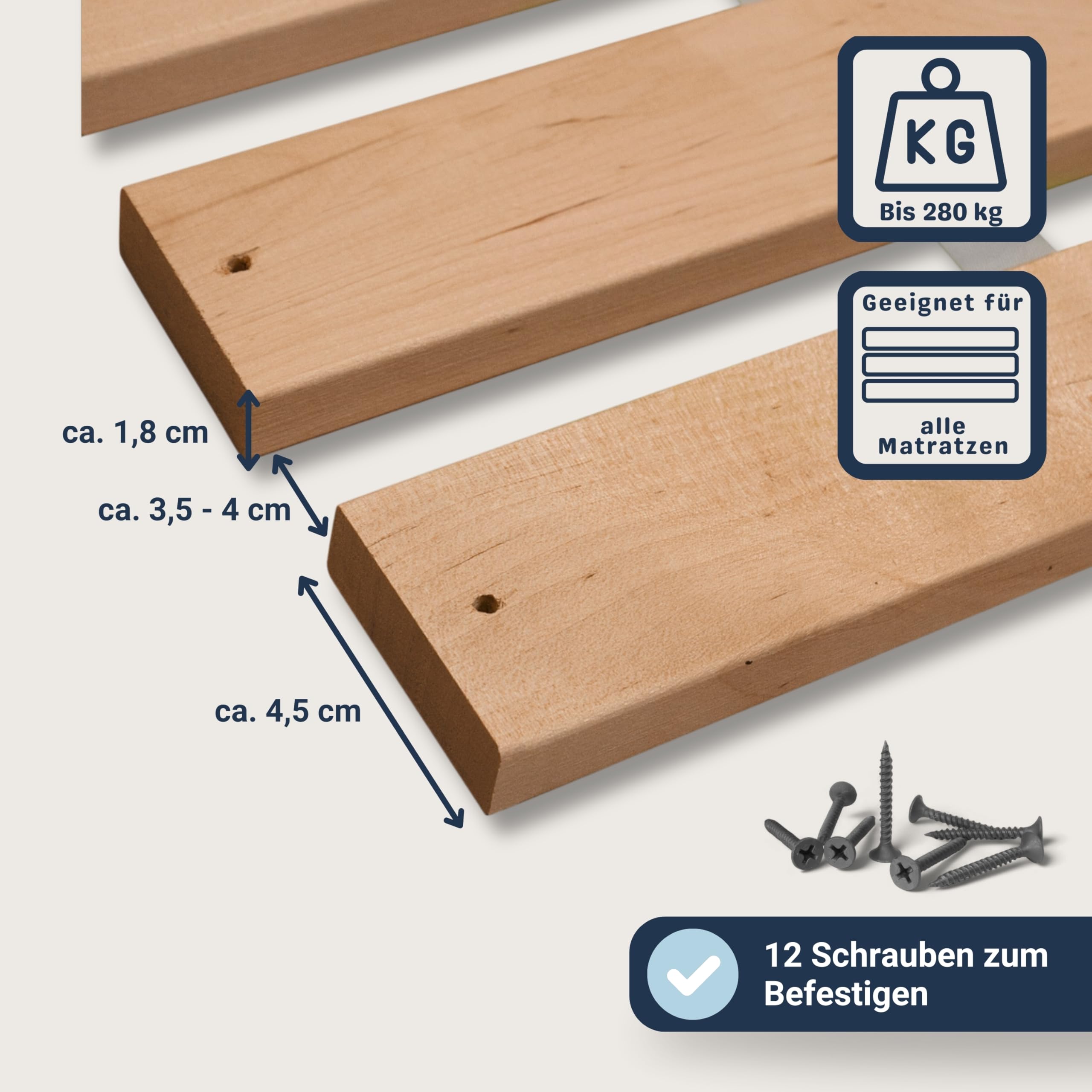 Betten-ABC Premium Rollrost, Stabiles Erlenholz, mit 23 Leisten und Befestigungsschrauben Größe 80 x 200 cm
