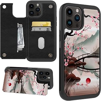 for iPhone 16 Pro Max Wallet Case with Card Holder Art Japanese Sakura PU Leather RFID Blocking Magnetic Clasp Credit Slots Flip Kickstand Shockproof Phone Cover for Apple iPhone 16 Pro Max 6.9" 2024