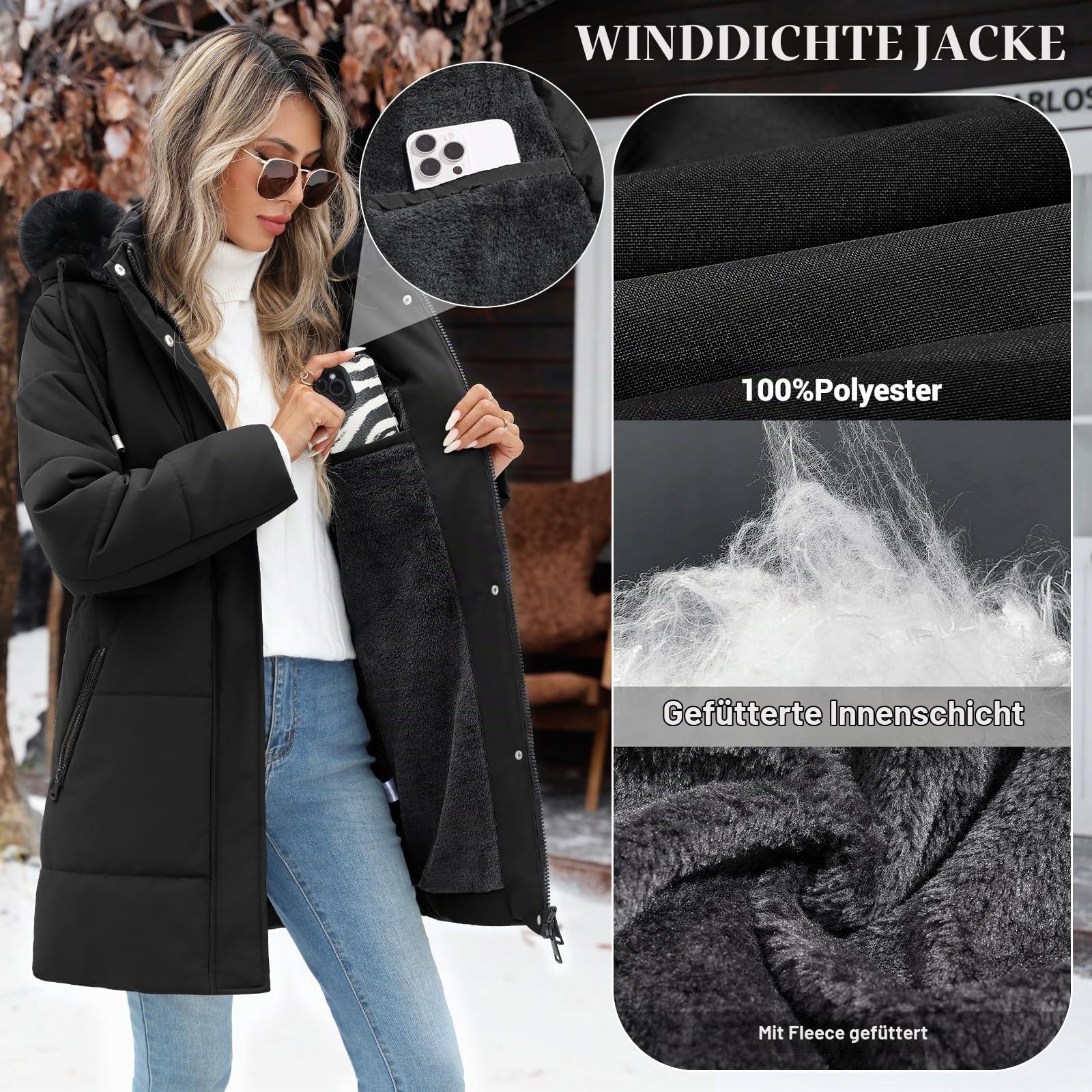 Damen Wintermantel Lang Steppmantel mit Kapuze Winterjacke Warm Parka Damen-Jacken Puffer Mantel Winter Hooded Jacket Kapuzenjacke Winterparka mit Taschen