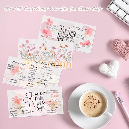 Miniatura 6 de Adhesivo UV DTF para tazas, 4 hojas de transferencia de flores de la Biblia UV DTF para vidrio de 16 onzas, floral, citas inspiradoras, versículo de