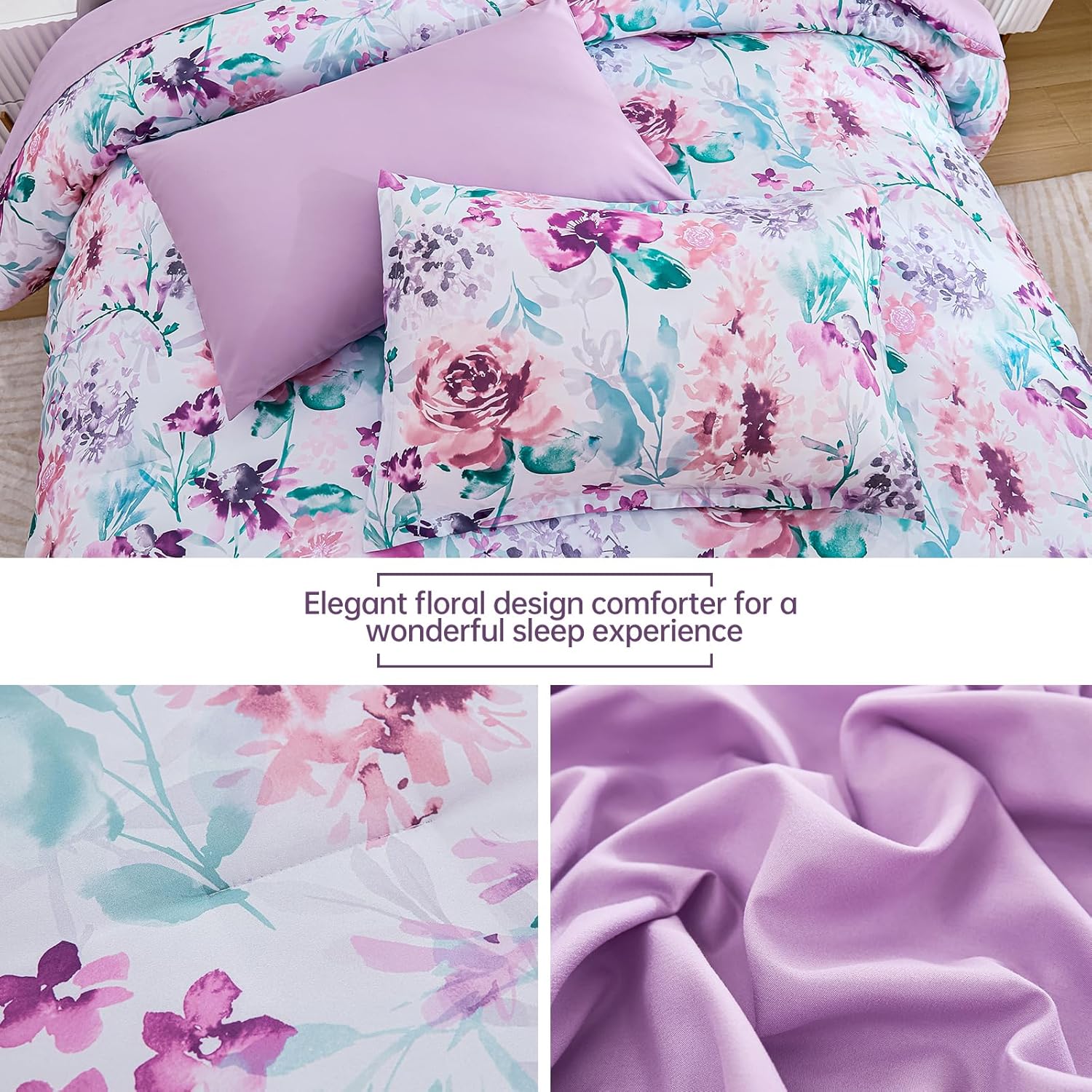 Luxudecor Floral Comforter Set Queen Size 7 Pieces Bed in a Bag, Purple Flower Watercolor Bed Set, Soft Comforter with Sheet Set 90"x90"