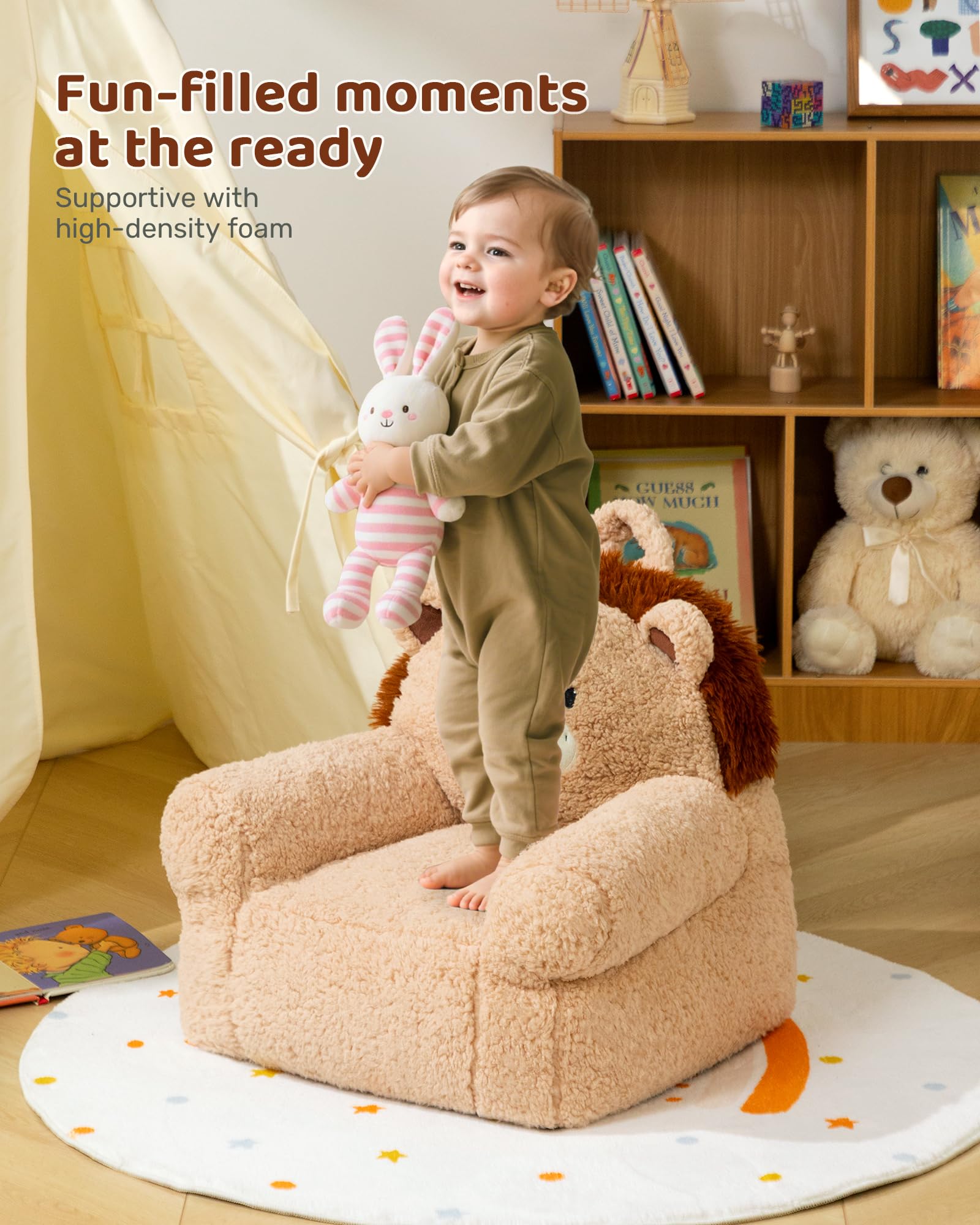 BEJOY Canapé Confortable pour Enfant, Fauteuil Rembourré en Mousse, Canapé Simple Et Douillet en Sherpa pour Garçons Et Filles, Lion
